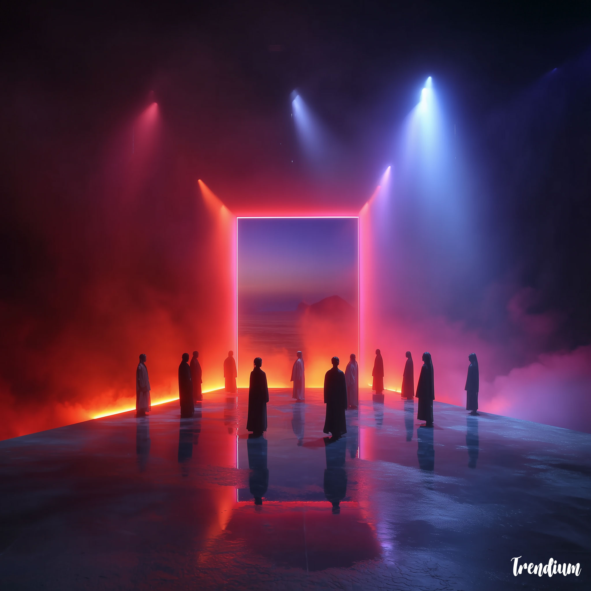 [prompt] K-pop idol group in a Kubrick-style stage set, centered symmetry, sterile lighting, red-blue gradient, emotionless expressions, geometric choreography, cinematic still --v 7 --stylize 450