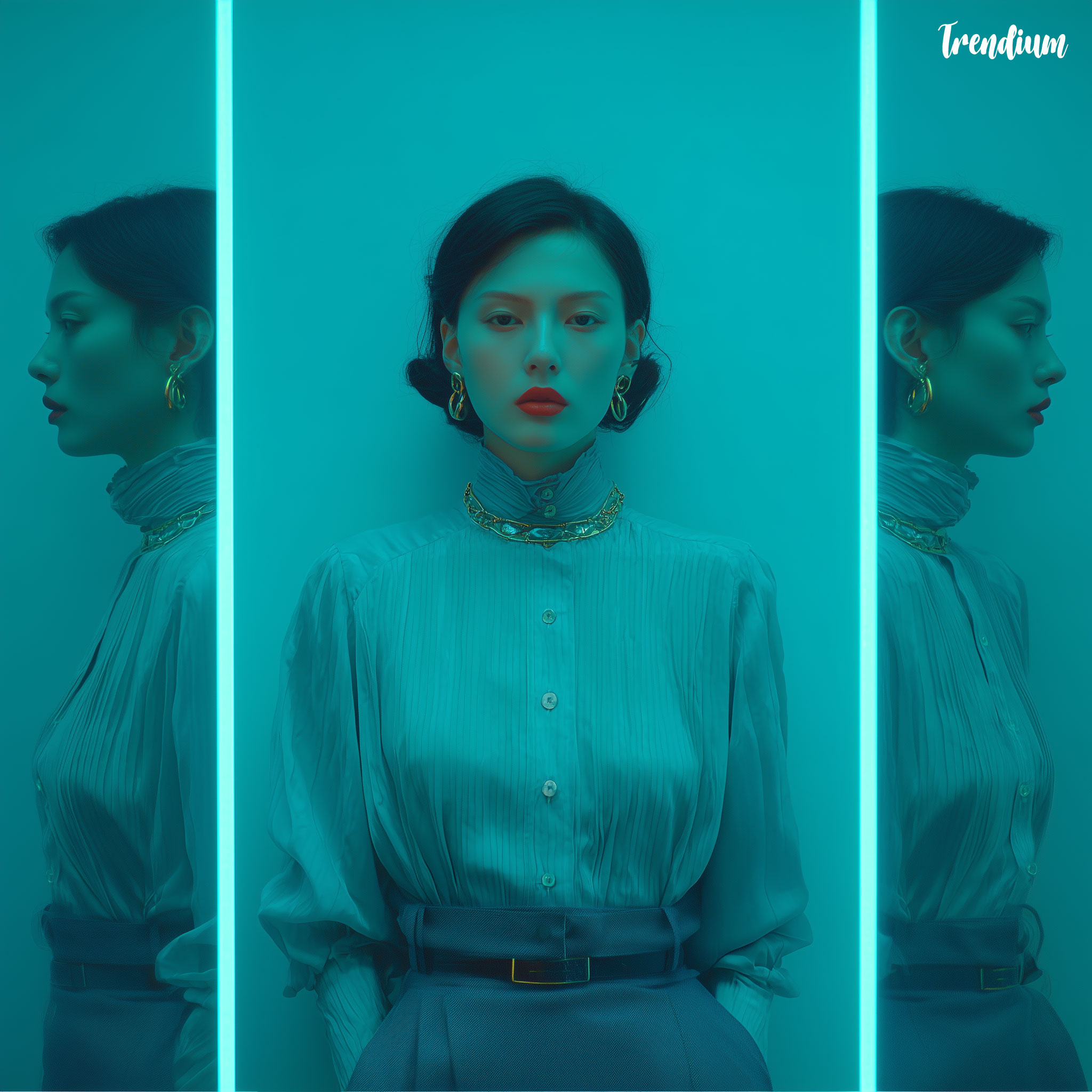 [prompt] Korean fashion model in Kubrick cinematic aesthetic, balanced symmetry, cold blue light, subtle tension --v 7 --stylize 250