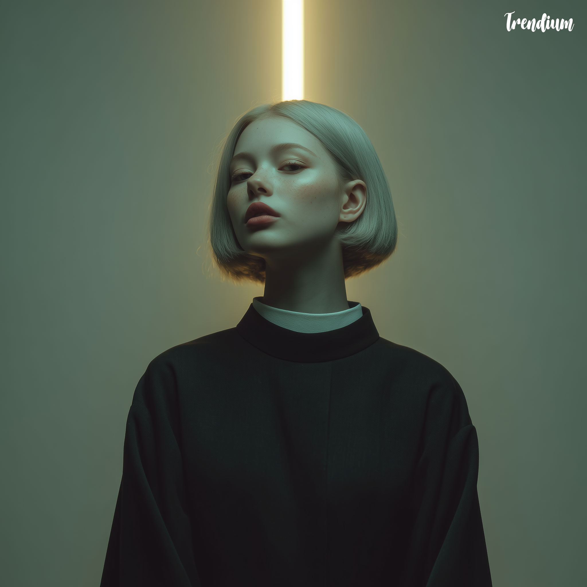 [prompt] a kpop idol, fashion editorial in Kubrick style, emotionless model, cold lighting, minimalist set, balanced geometry --v 7 --stylize 350