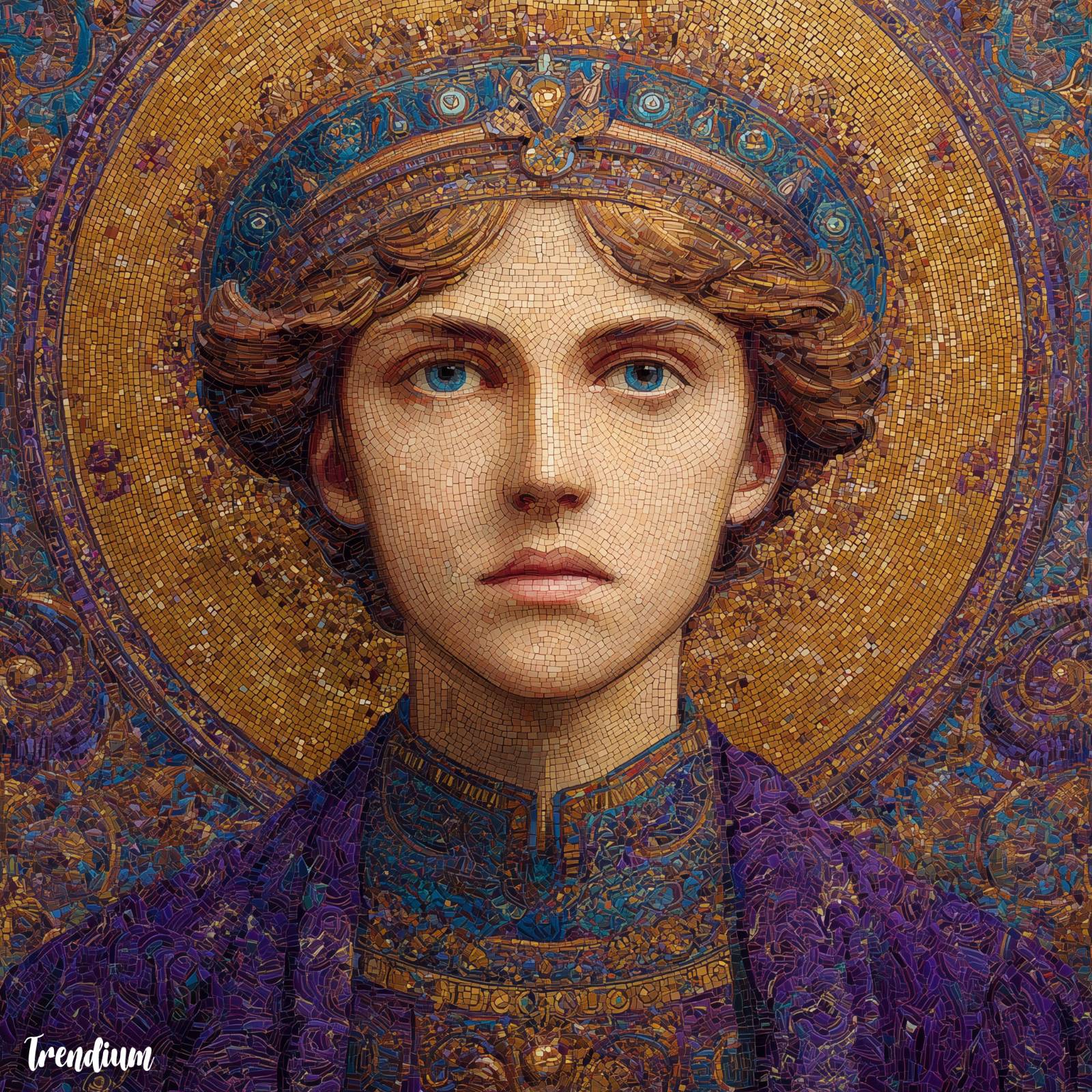 [prompt] A Byzantine-inspired digital portrait, frontal composition, haloed figure, gold-leaf background, mosaic tesserae texture, divine inner light, royal purple and deep blue tones, ultra-detailed 8k