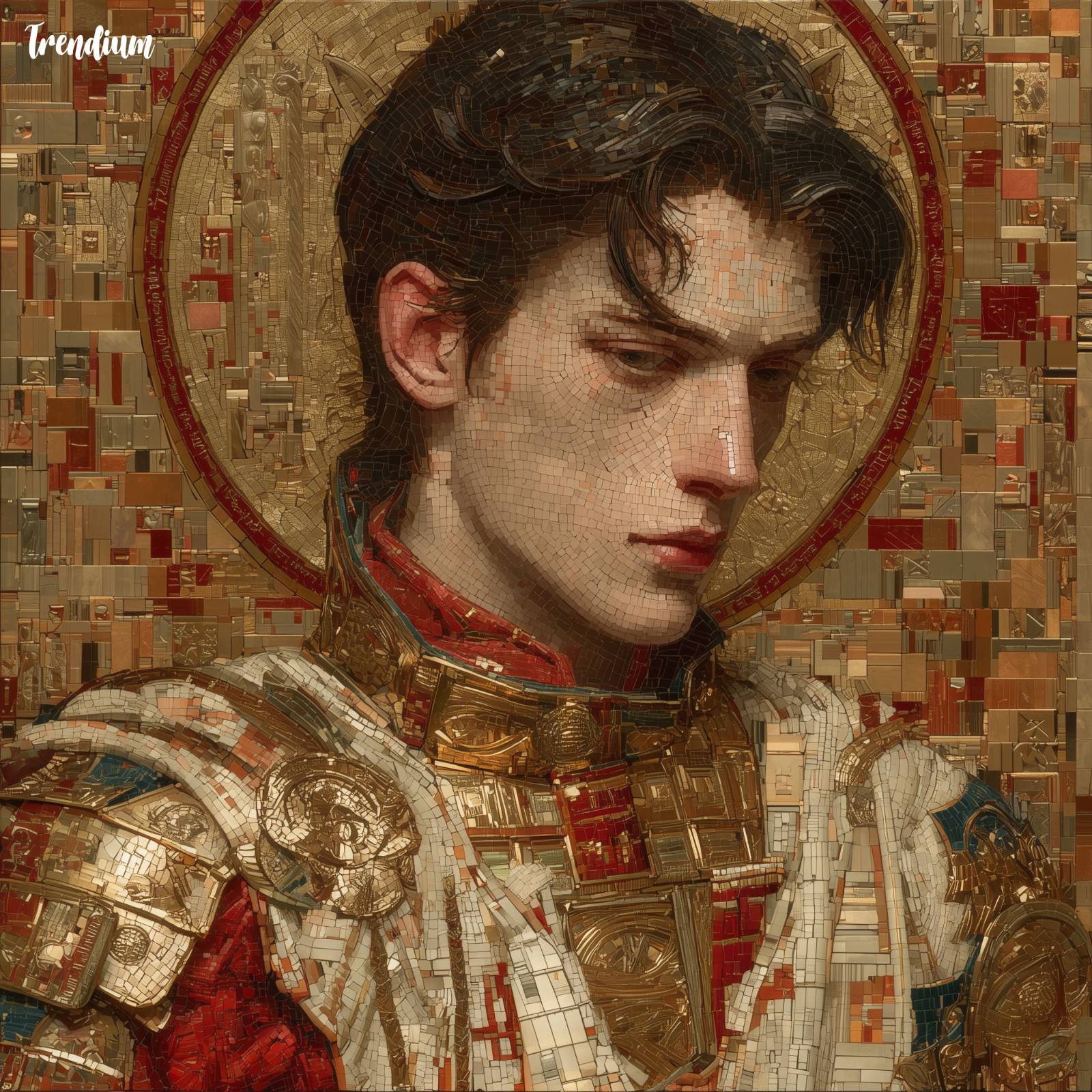 [prompt] Byzantine icon reinterpretation: K-pop star as saint, frontal gaze, gold tesserae robe, pixel mosaic background, sacred pop art --v 7 --style raw --stylize 500