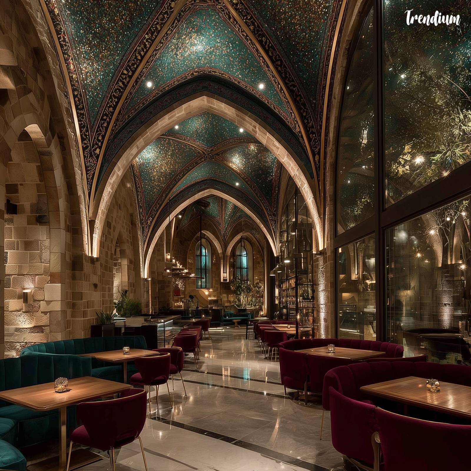 [prompt] Modern café interior inspired by Byzantine aesthetics, single open space, golden mosaic wall art, vaulted ceiling with soft dome lights, geometric tiled floors, arched windows, velvet seating in deep burgundy and emerald, icon-inspired decor elements, minimal wooden tables, sacred yet cozy ambiance, symmetrical layout, soft warm lighting --v 7 --style raw --stylize 700