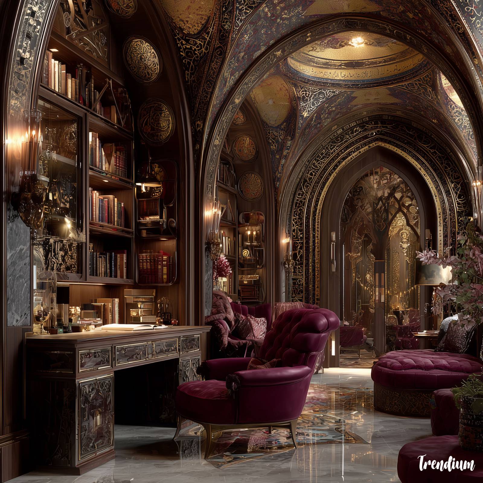 [prompt] Luxurious study room interior inspired by Byzantine art, golden mosaic dome ceiling with sacred icon motifs, tall arched wooden bookshelves with intricate carvings, deep burgundy velvet reading chair, ambient halo-style pendant lighting, symmetrical layout, mosaic-tiled reading desk, marble flooring, warm divine atmosphere, a space of silent contemplation --v 7 --style raw --stylize 400