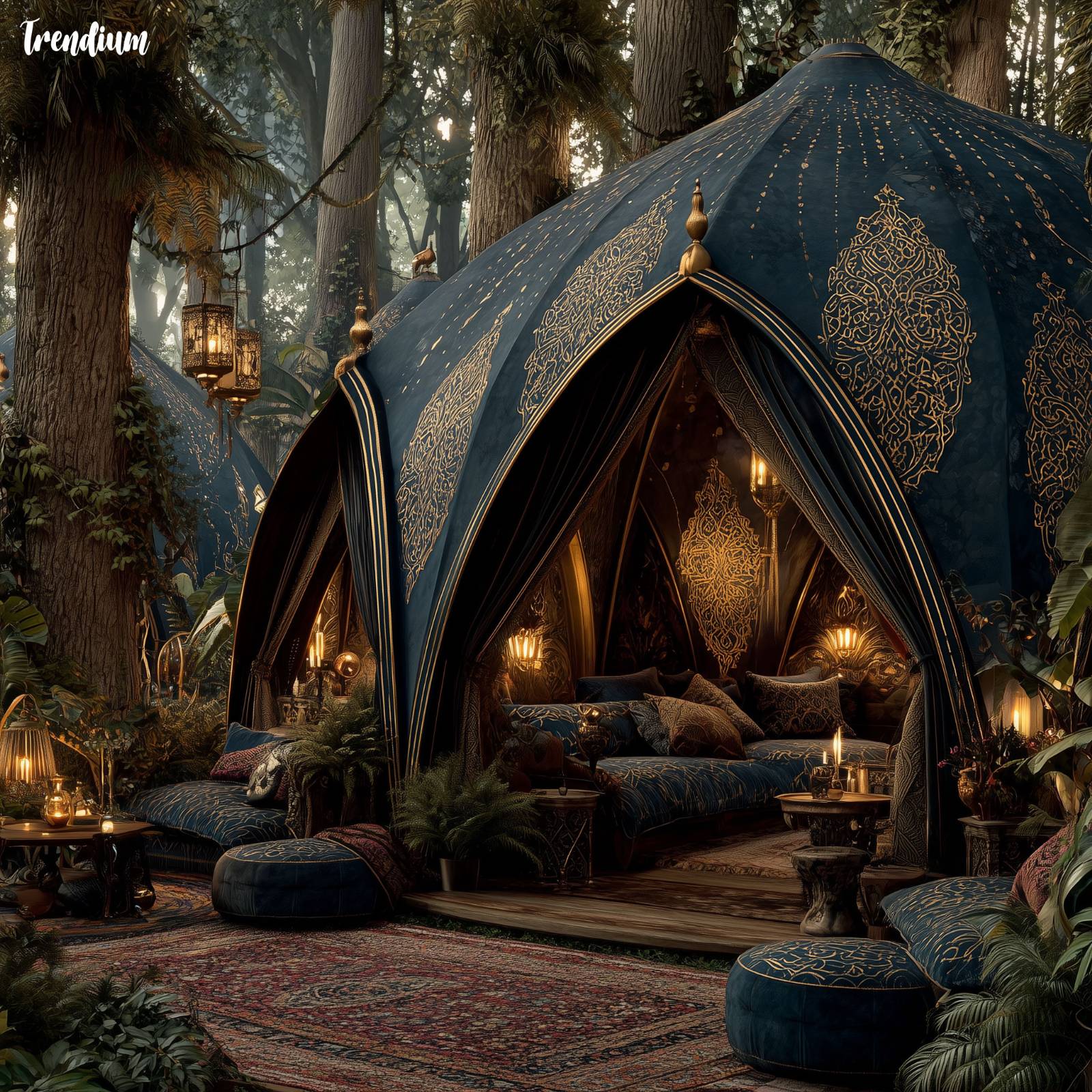 [prompt] Luxurious outdoor glamping setup inspired by Byzantine aesthetics, dome-shaped canvas tent with golden mosaic patterns, deep jewel-tone interior fabrics (emerald, sapphire, burgundy), halo-shaped hanging lanterns, sacred geometric rugs, ornate pillows with icon-style embroidery, tent placed in a forest clearing at dusk, warm golden light glowing from inside, serene and divine atmosphere --v 7 --style raw --stylize 600