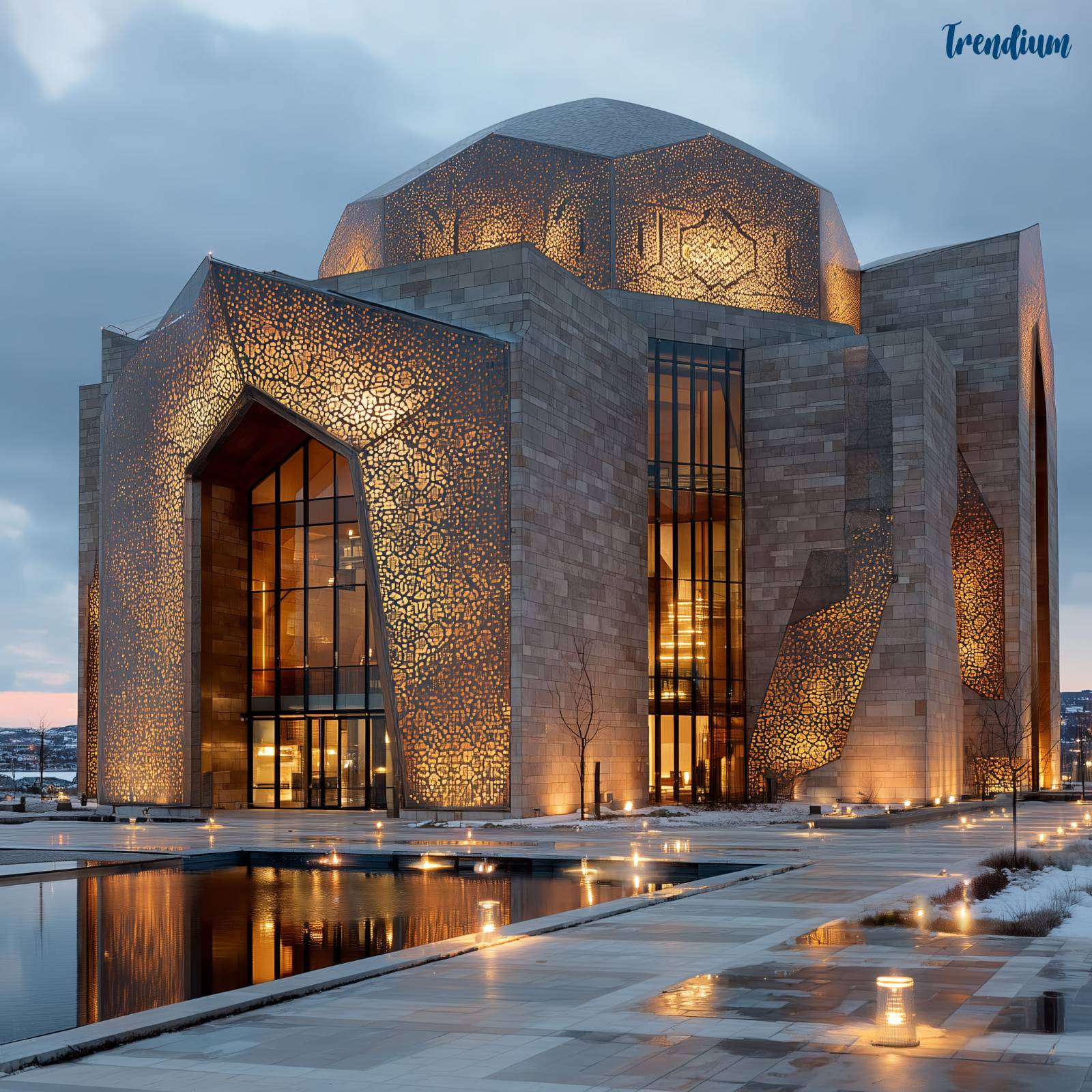 [prompt] Modern museum building with Byzantine-inspired domes, geometric gold mosaics on façade, luminous halo-like skylights, sacred symmetry --v 7 --style raw --stylize 800