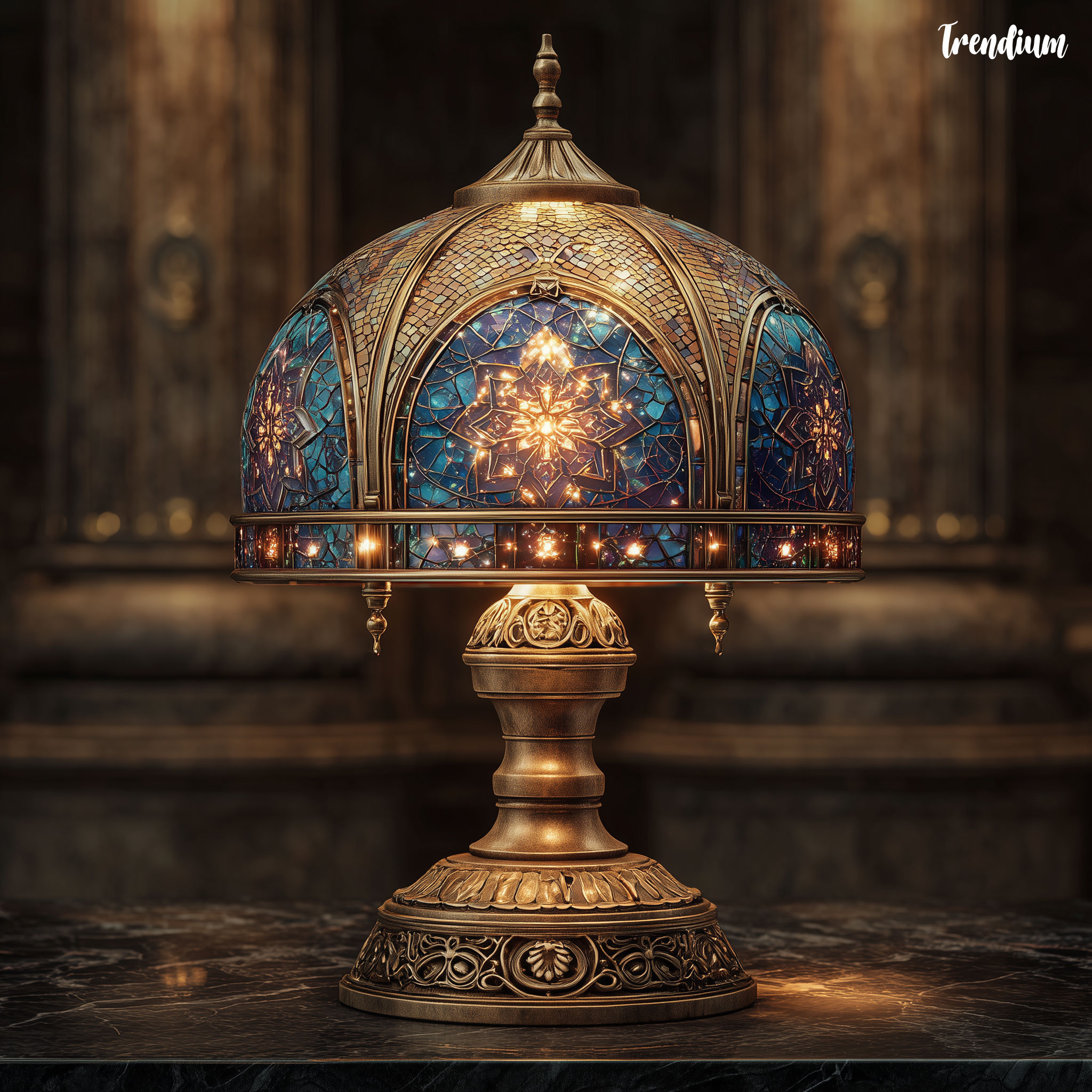 [prompt] Single ornate lamp inspired by Byzantine aesthetics, dome-shaped golden mosaic lampshade with sacred geometric patterns, halo-style glowing light ring around the top, deep jewel-toned stained glass panels, antique bronze base with symmetrical engravings, soft ambient glow, photographed on dark marble surface, luxurious and divine atmosphere --v 7 --style raw --stylize 300