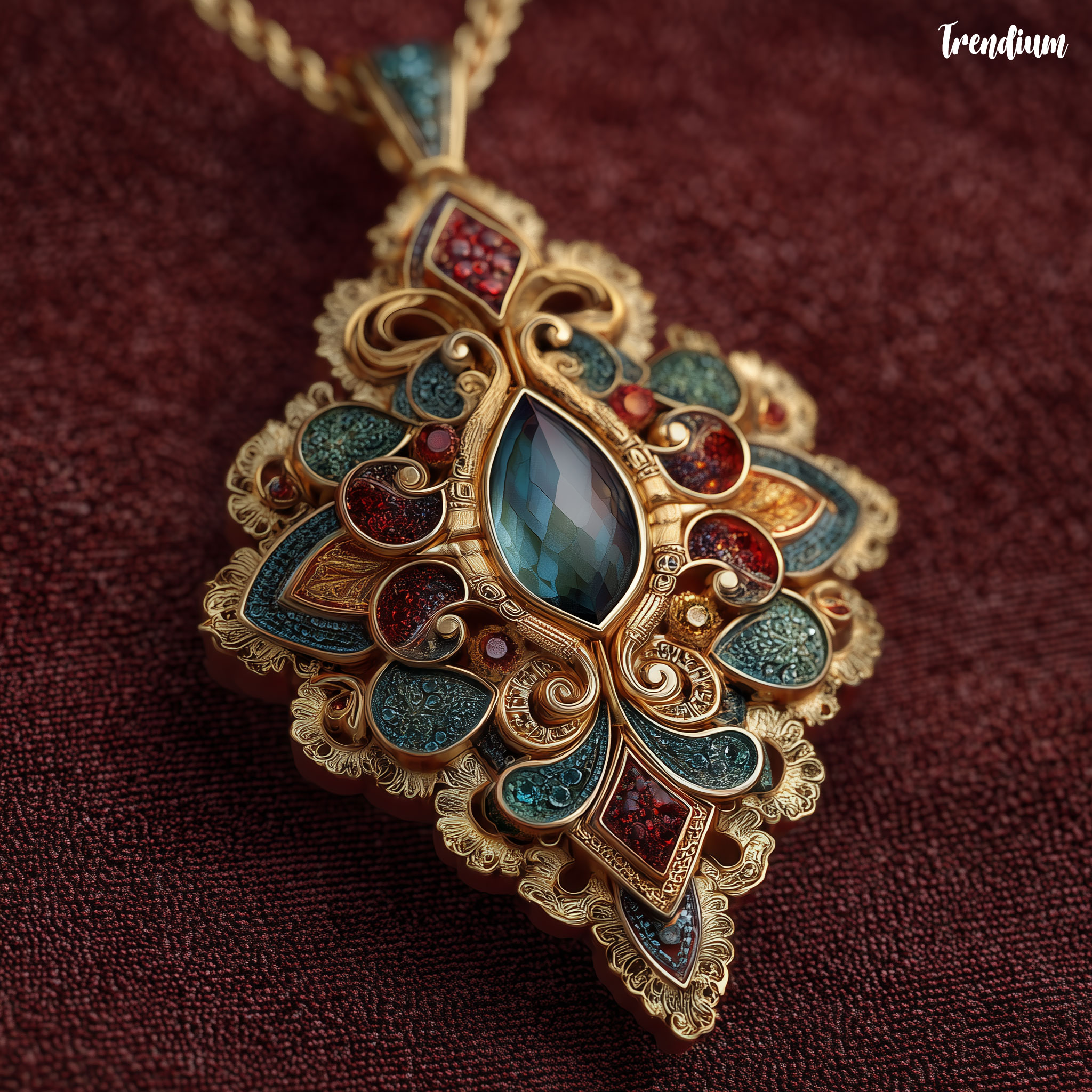 [prompt] Single luxury jewelry piece inspired by Byzantine art, intricate gold filigree work, mosaic gemstone inlay, symmetrical sacred motifs, deep jewel-tone colors like emerald, ruby, sapphire, centered composition on dark velvet background, glowing ambient light, divine and opulent aesthetic, high detail macro shot --v 7 --style raw --stylize 300
