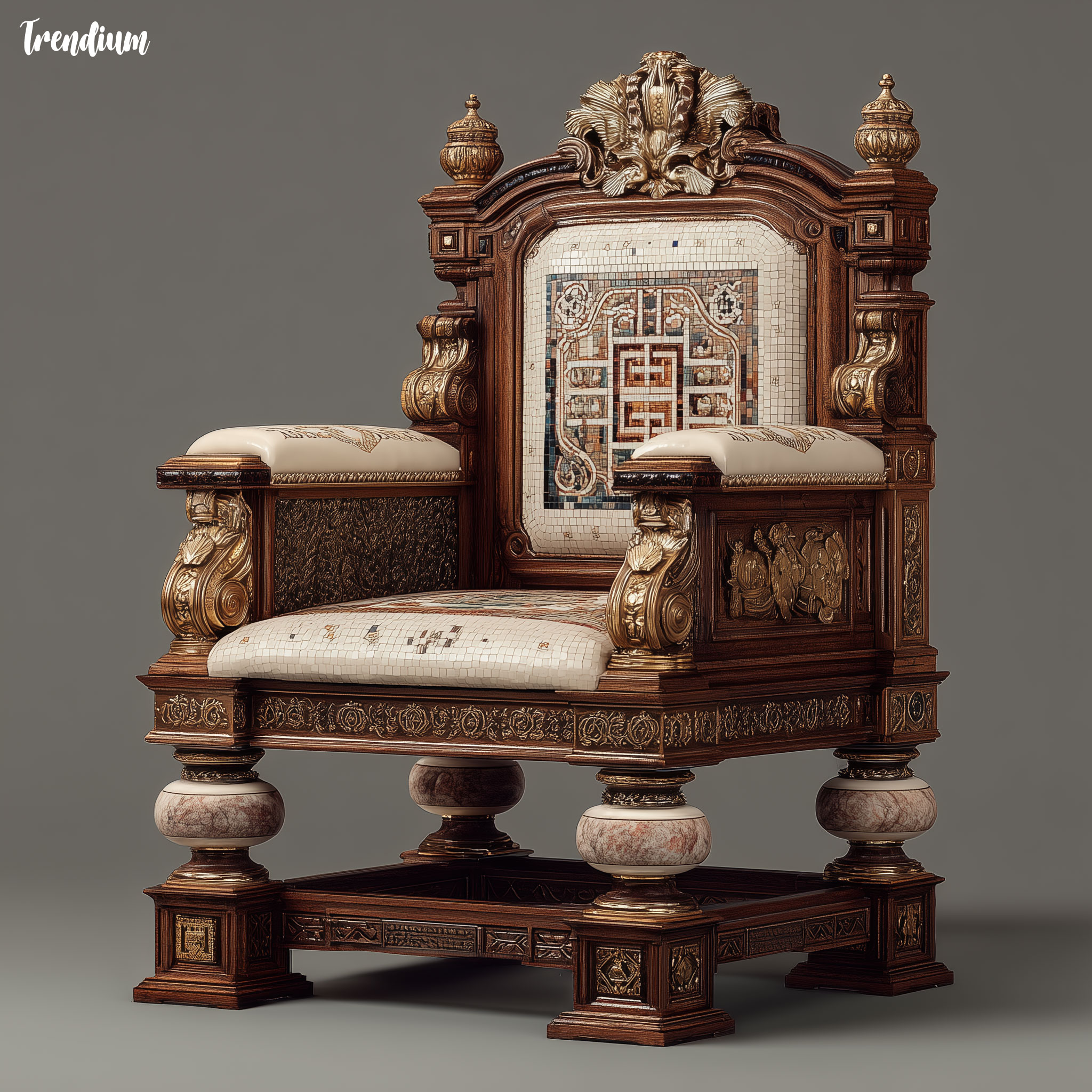 [prompt] Neo-Byzantine throne chair, carved geometric backrest, gold accents, mosaic armrests, symmetrical and ceremonial form --v 7 --style raw --stylize 300
