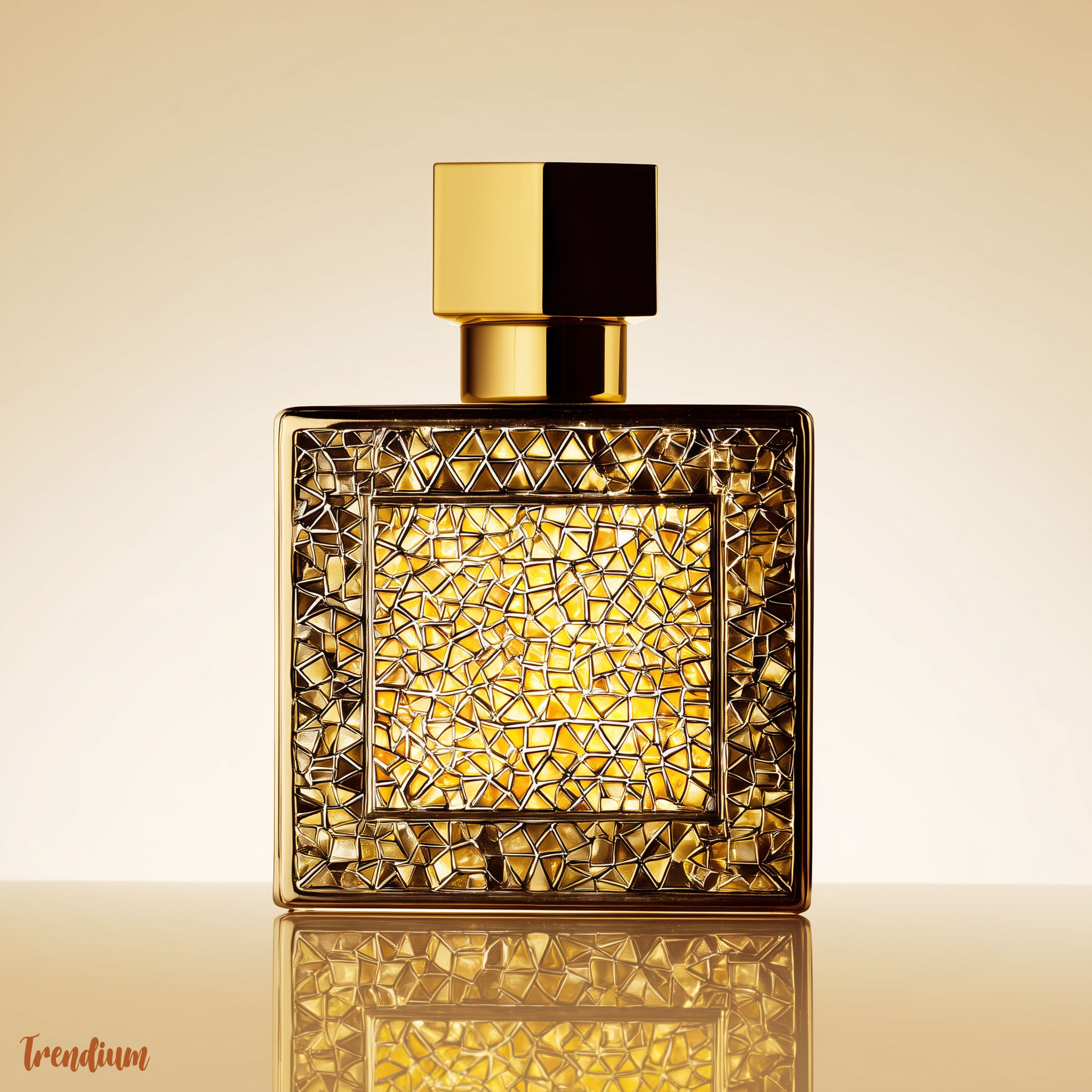 [prompt] Product photo of a luxury perfume bottle inspired by Byzantine art, centered composition, single object, glowing golden tesserae pattern on surface, clean background, high detail --v 7