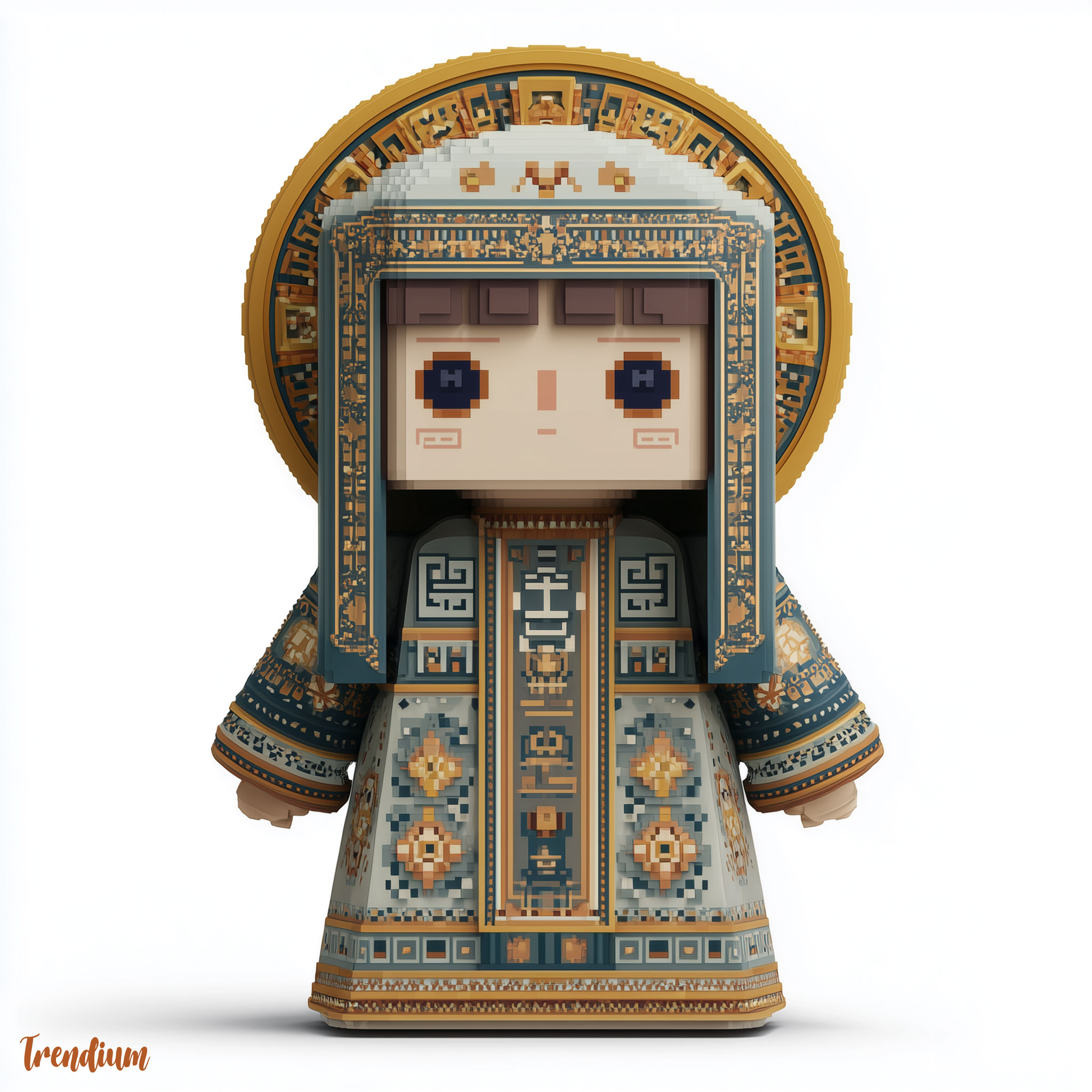 [prompt] Cute collectible toy styled after Byzantine saints, flat face with halo, pixelated gold details, stylized robes, icon eyes --v 7 --style raw --stylize 200