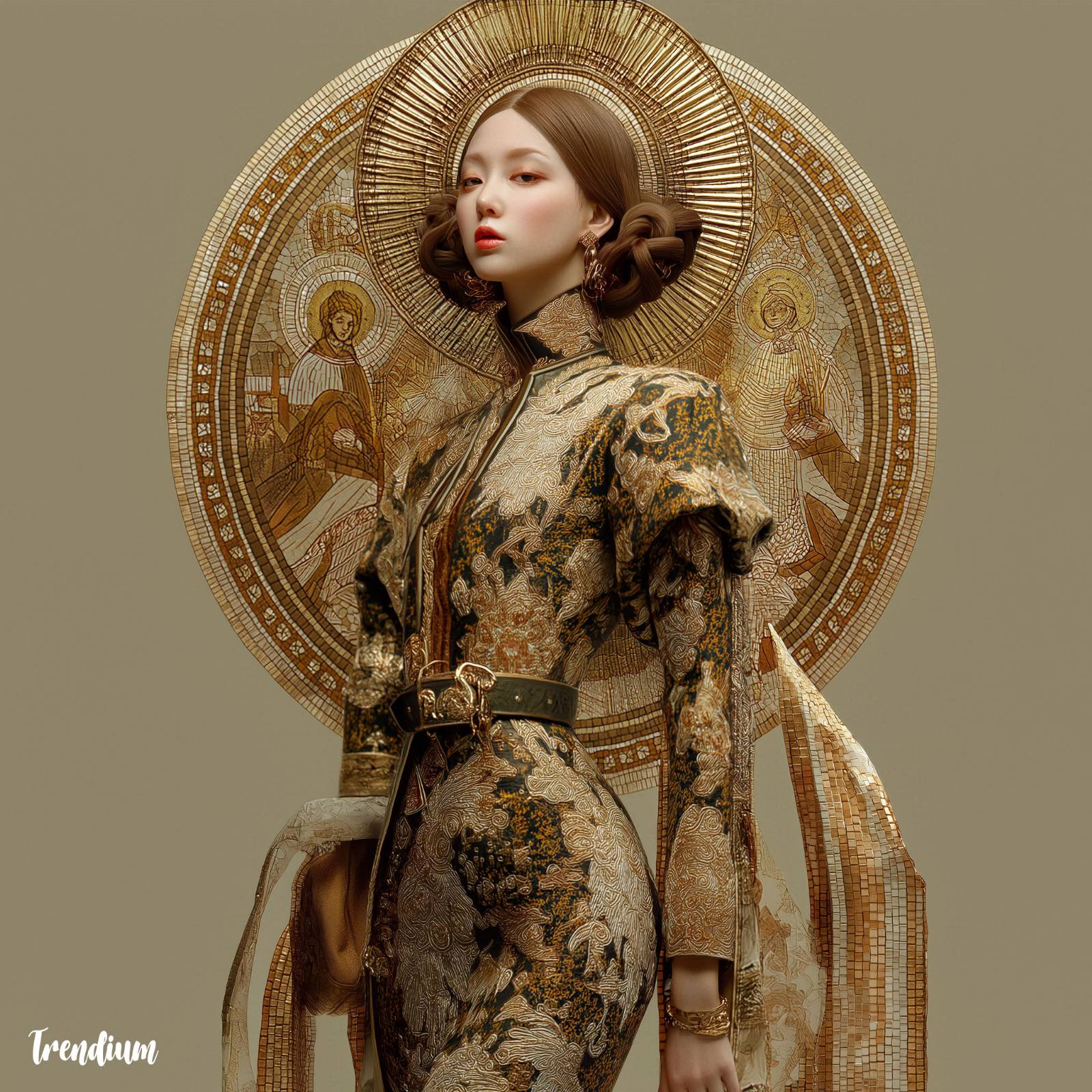 [prompt] A Korean model, single figure, High fashion editorial inspired by Byzantine icons, golden embroidery, mosaic textures on fabric, flat silhouettes, divine aura --v 7 --style raw --stylize 300