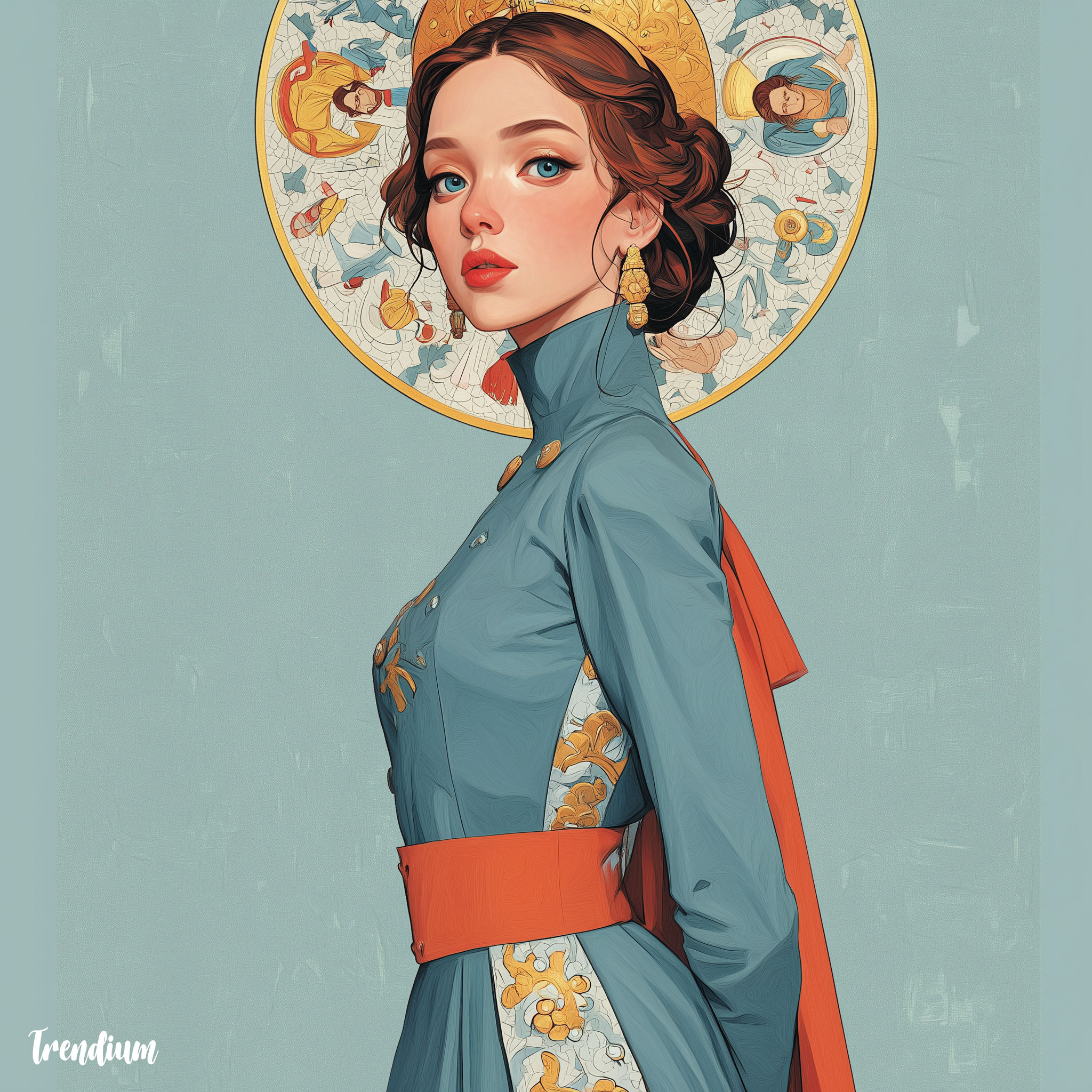 [prompt] A Korean model, single figure, High fashion editorial inspired by Byzantine icons, golden embroidery, mosaic textures on fabric, flat silhouettes, divine aura --v 7 --style raw --stylize 300 --sref 2113546442