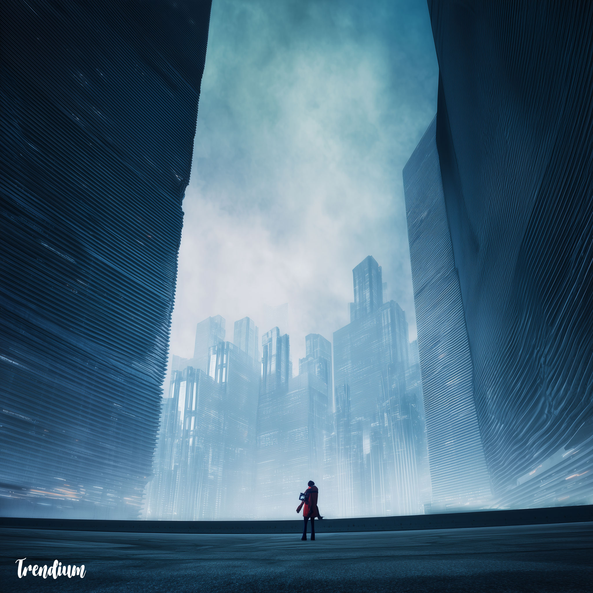 [prompt] extreme wide shot of a solitary person in a massive futuristic city, dramatic scale, moody ambience