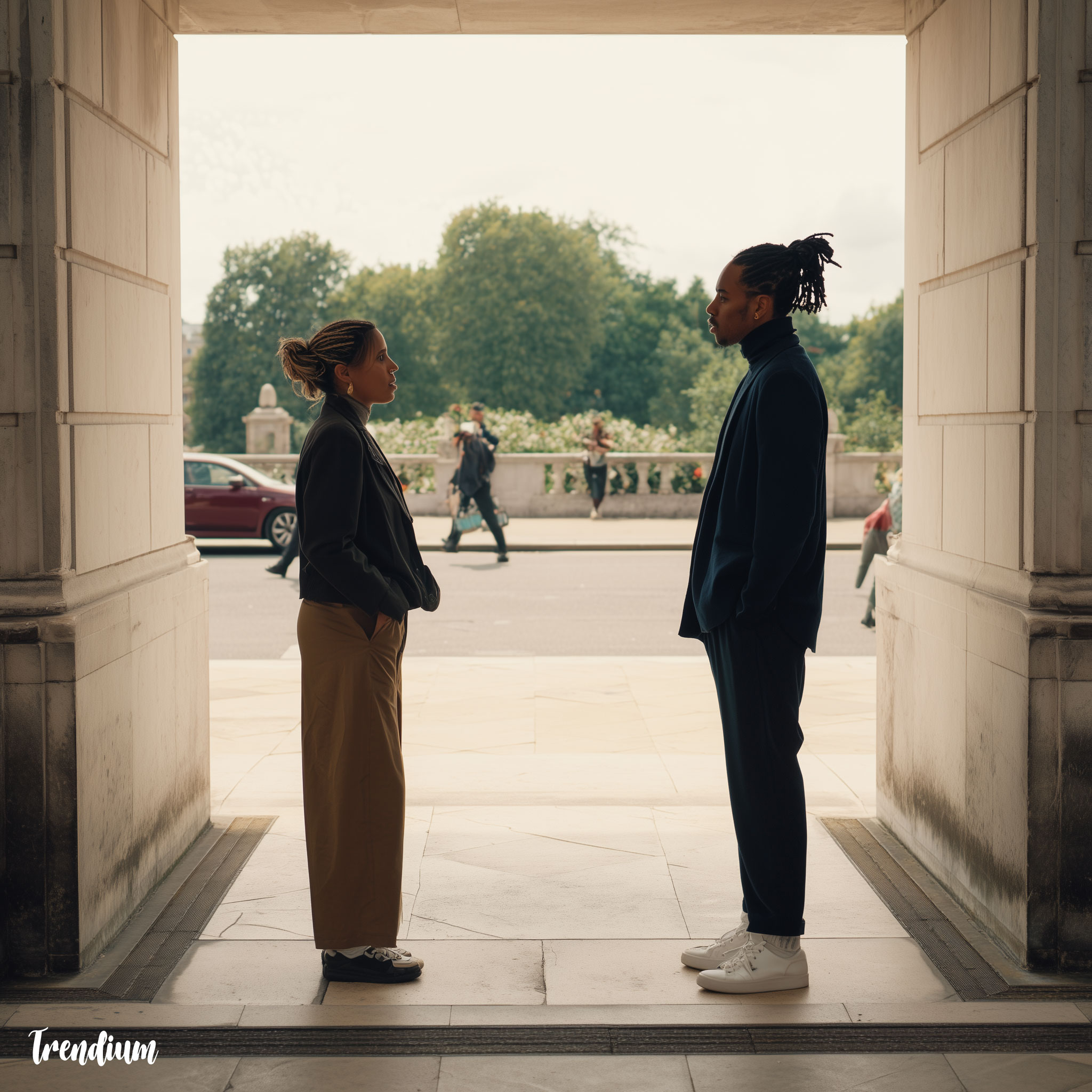 [prompt] wide shot of two characters in conversation, full bodies framed, background showing their relationship to the location, film still look