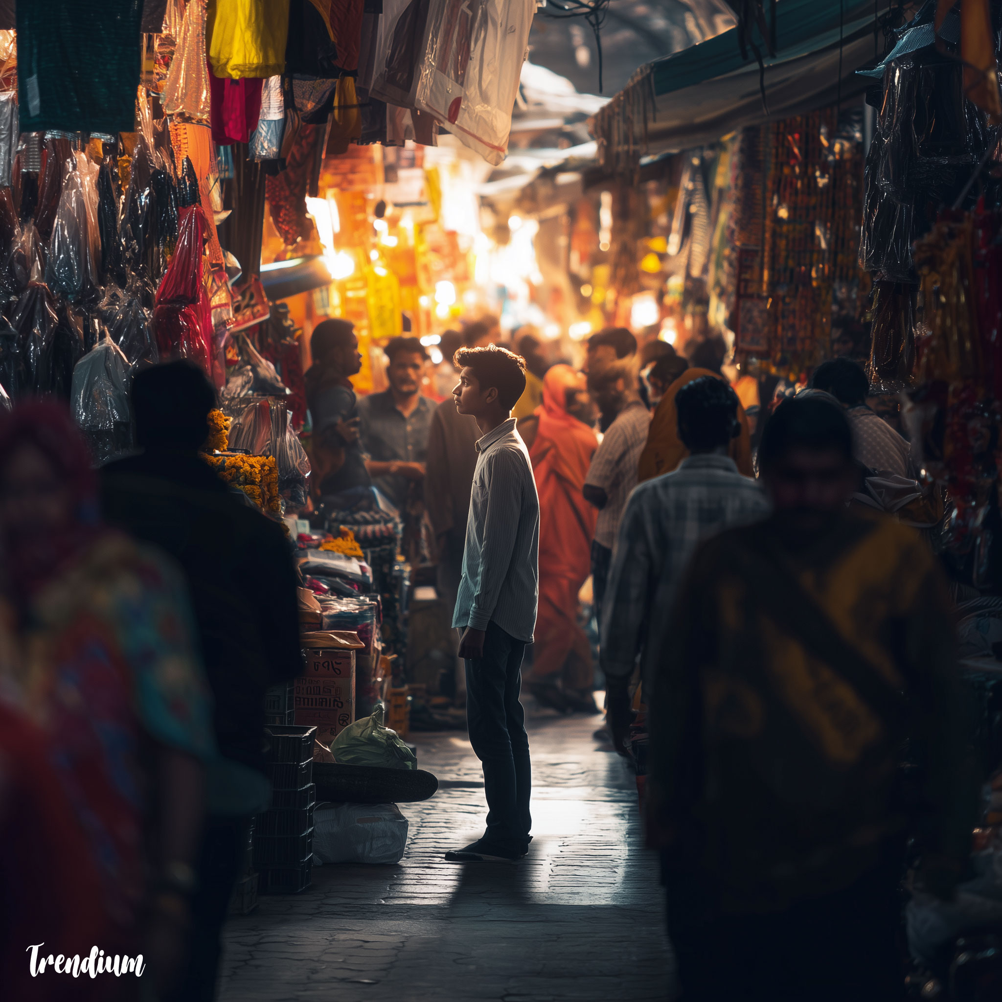 [prompt] wide shot of a person standing in a busy street market, full body visible, vibrant surroundings, cinematic mood