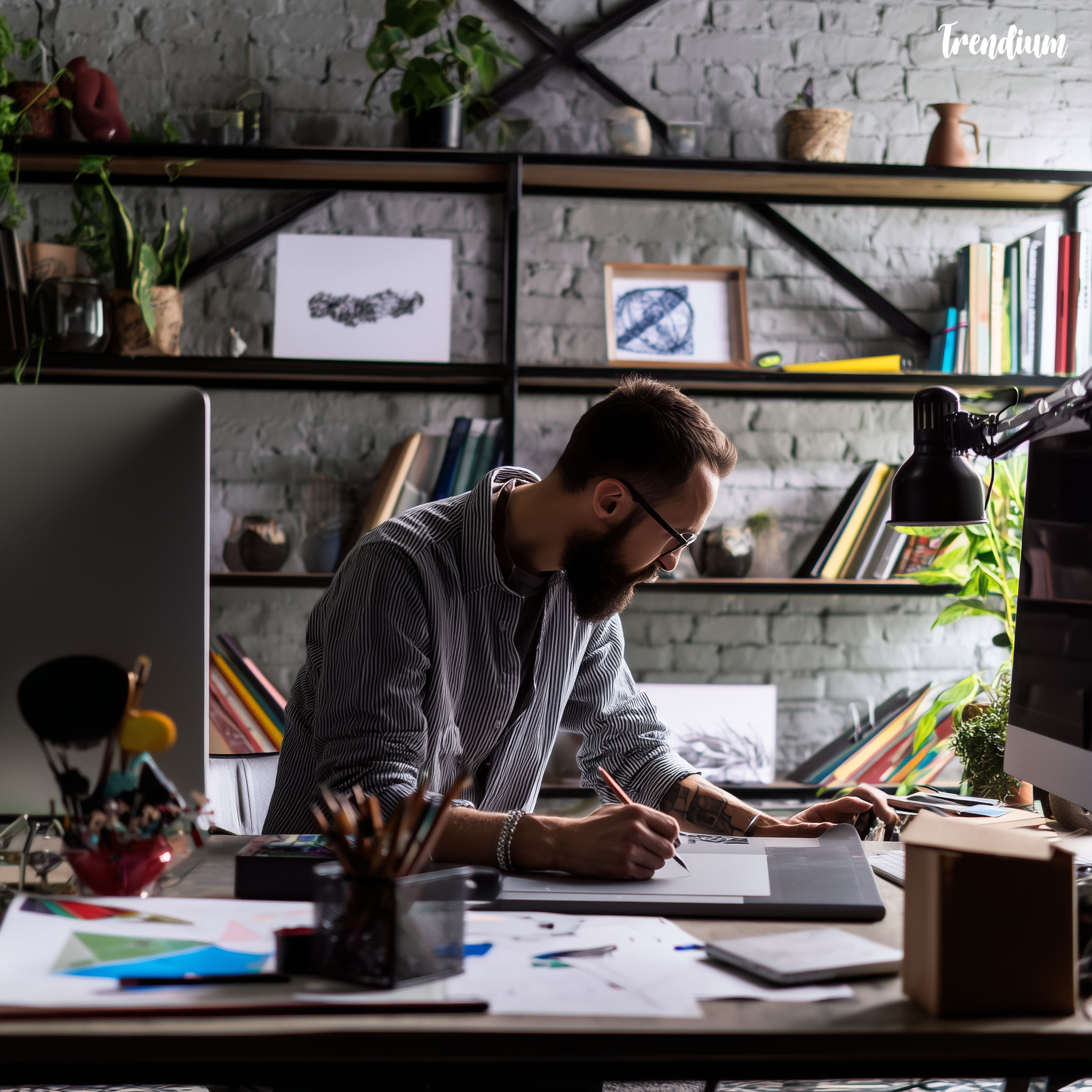 [prompt] medium shot of a designer working at a desk, creative studio background, casual mood