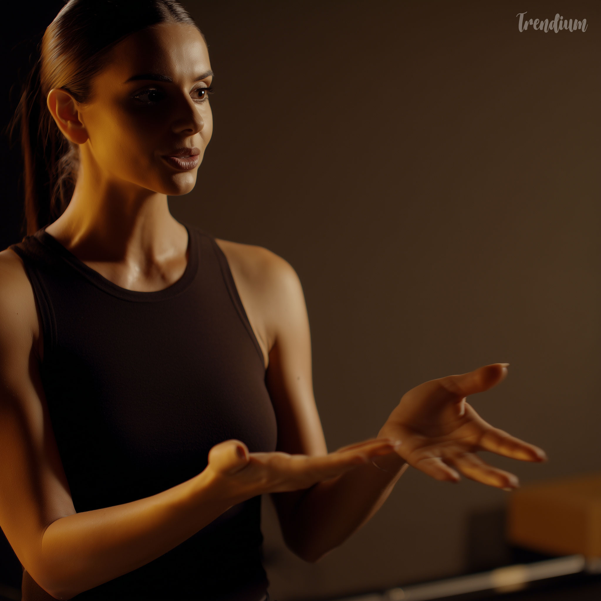 [prompt] medium shot of a person explaining a product, waist up, warm studio lighting, natural expression