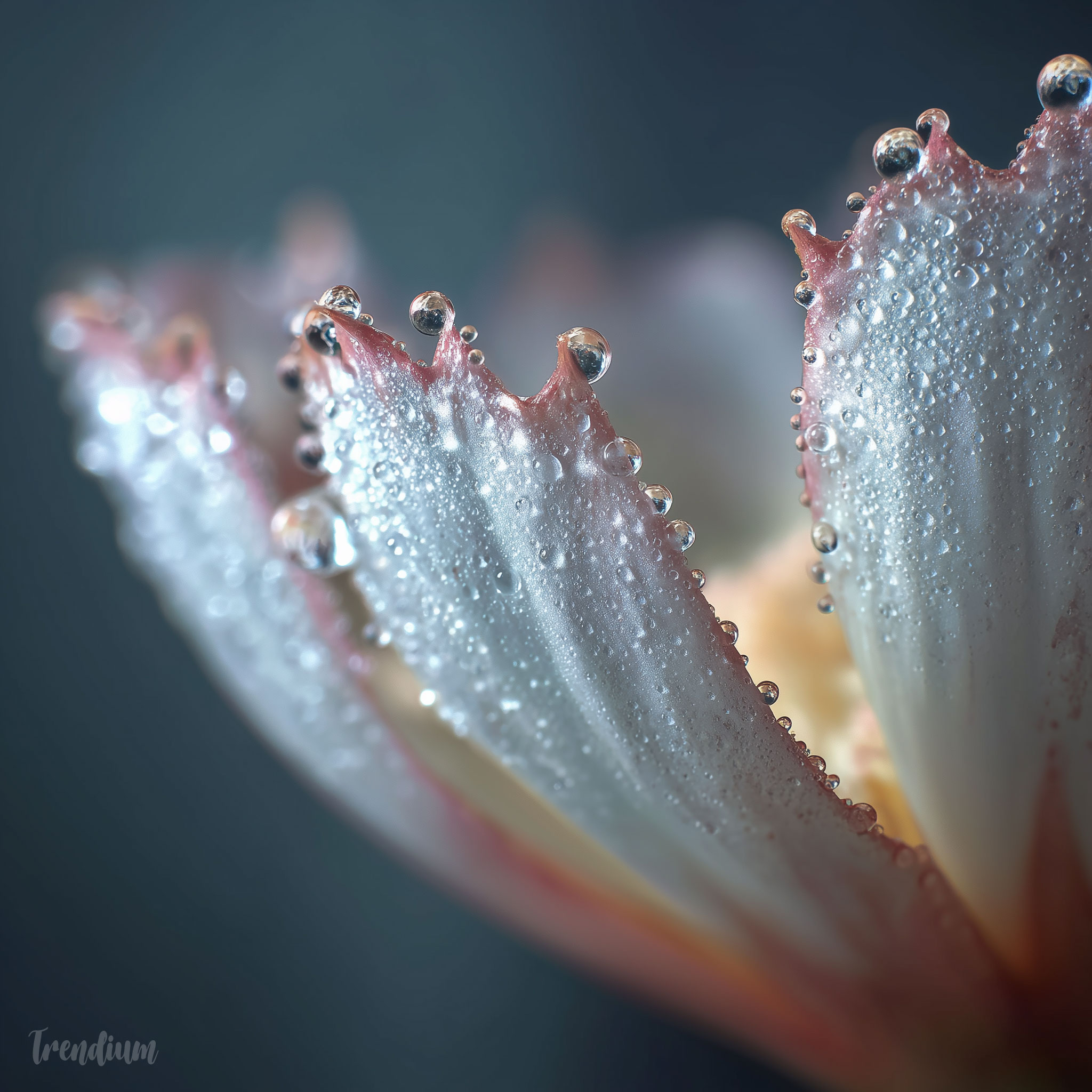 [prompt] extreme close-up of a flower petal edge with morning dew, hyper-detailed surface texture, macro photography aesthetic