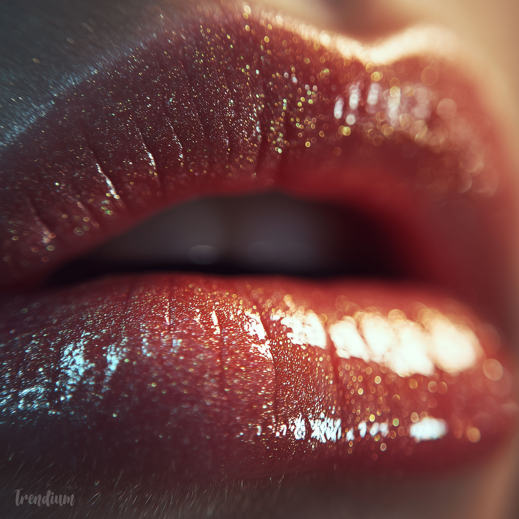 [prompt] macro extreme close-up of lips with glossy highlight, tactile texture, shallow depth, dramatic beauty lighting