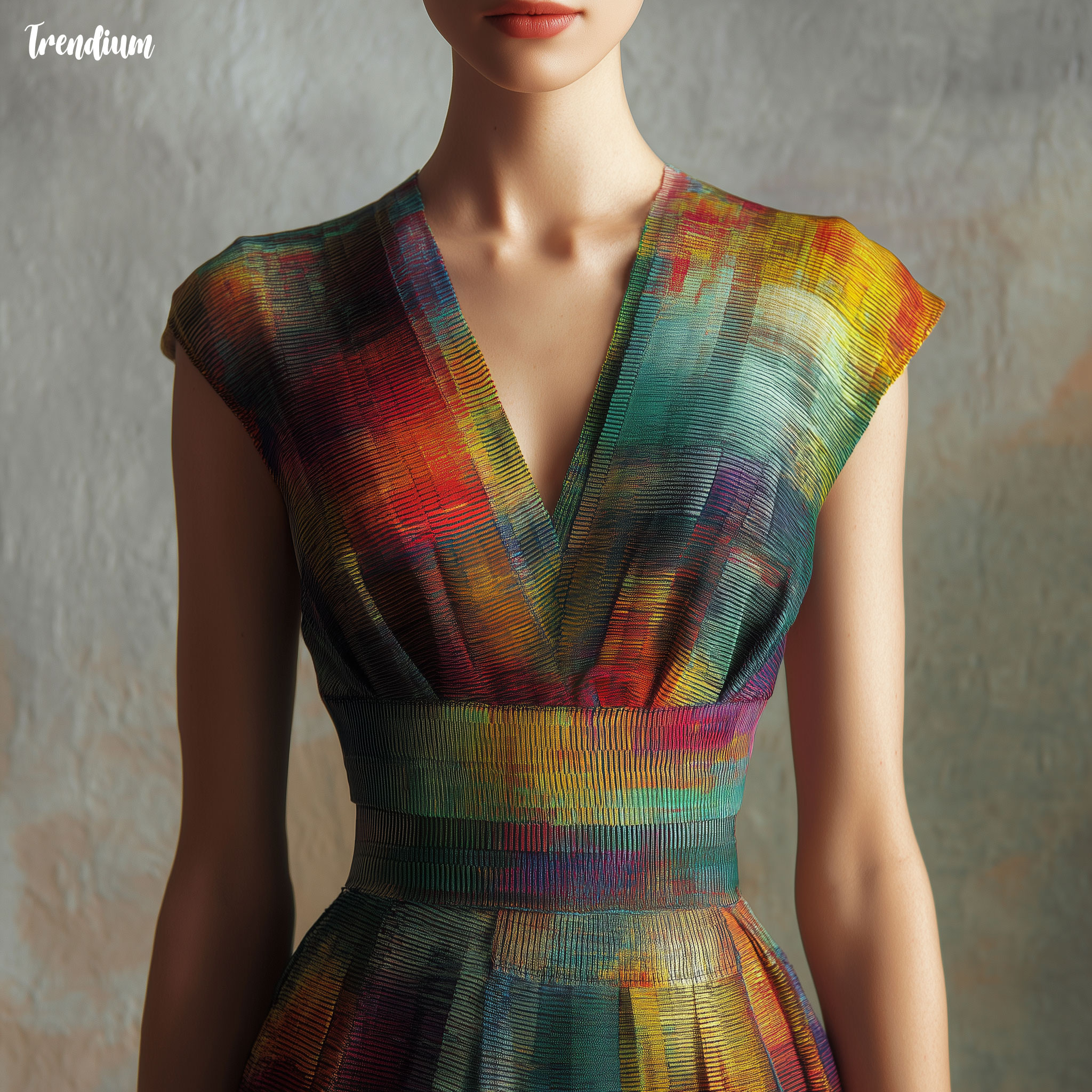 [prompt] digital ikat silk dress, color bleed gradient, woven texture, soft blurred edges