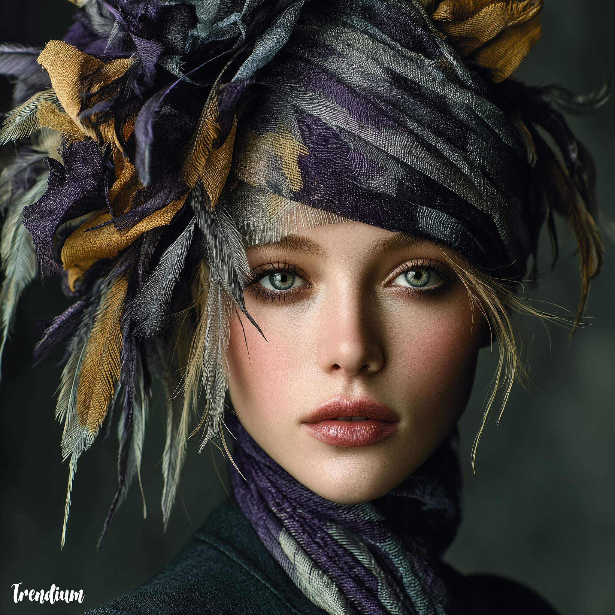 [prompt] haute couture headpiece with layered ikat-dyed fabrics and feather textures, theatrical styling, dramatic lighting, magazine beauty cover --style raw --stylize 300