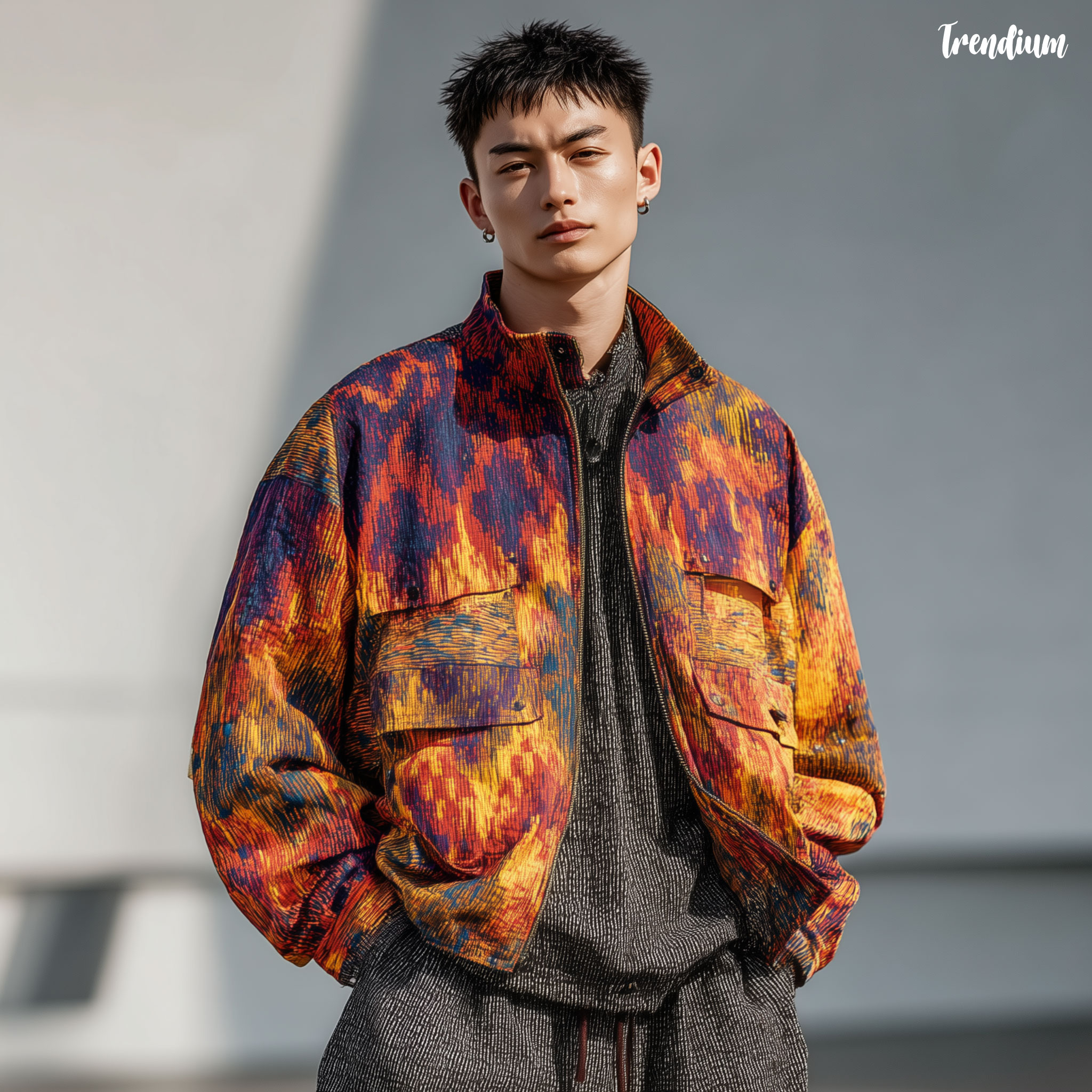 [prompt] modern streetwear jacket with ikat geometric blur pattern, textile grain --style raw --stylize 250