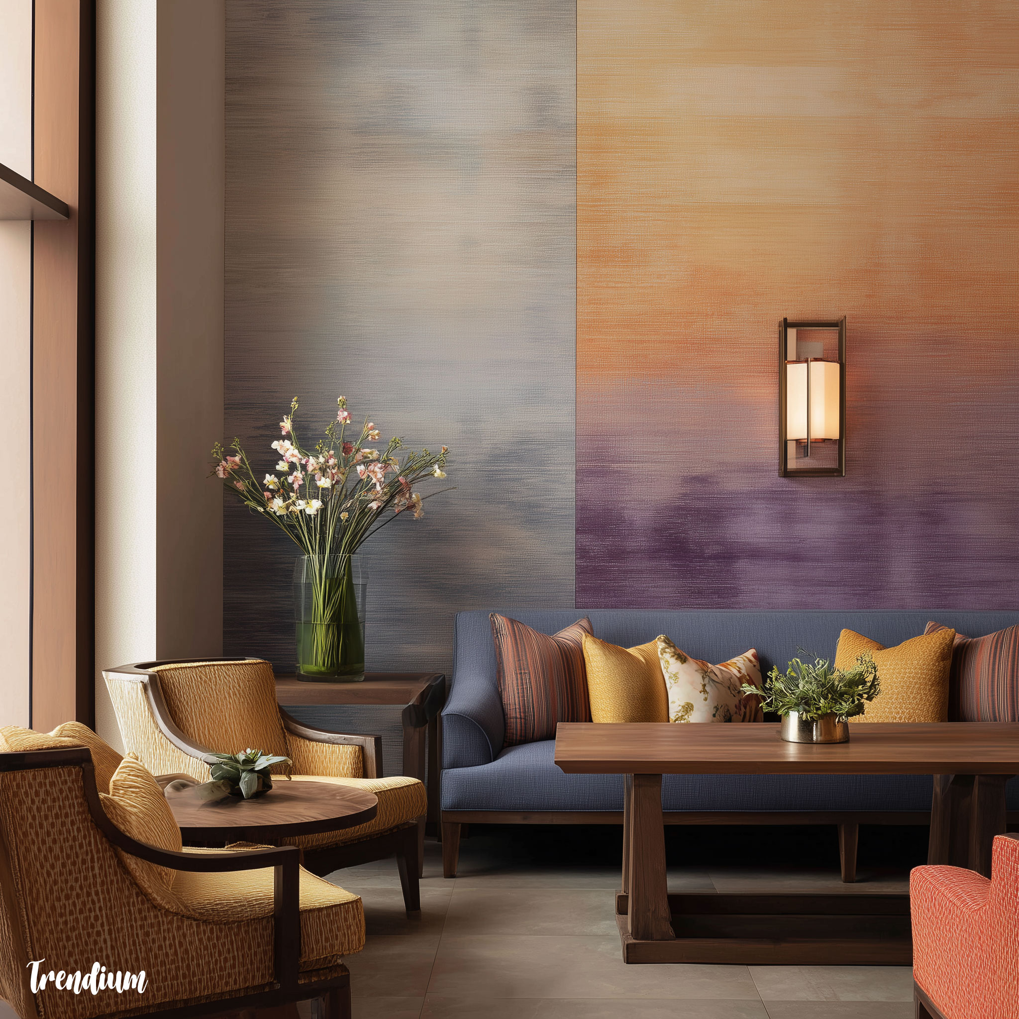 [prompt] resort hotel lounge featuring soft-gradient ikat wall pattern
