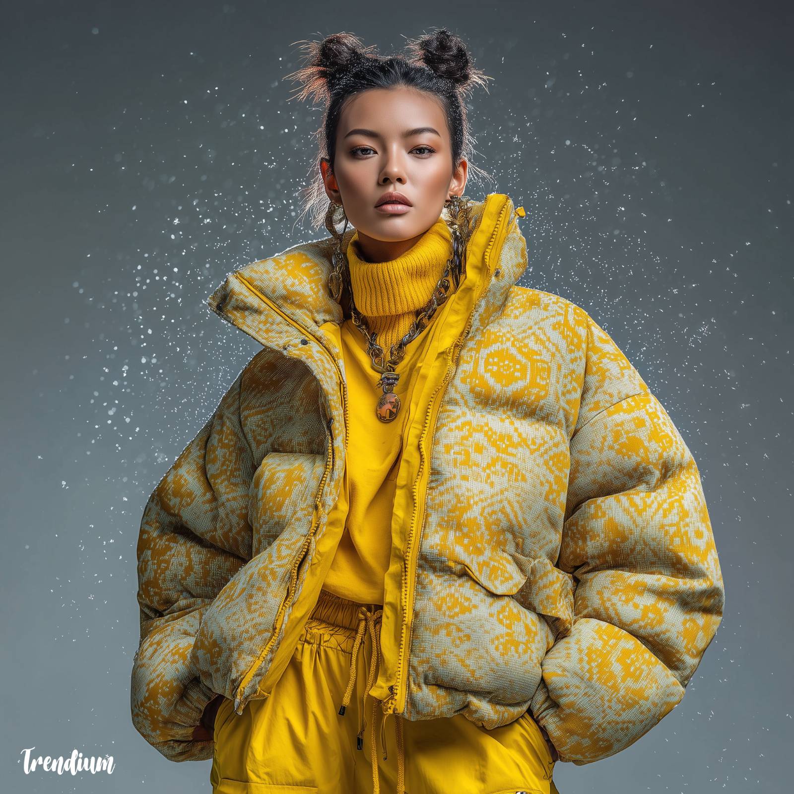 [prompt] voluminous winter puff jacket with bold ikat-dyed outer shell, soft woven texture, cold-weather fashion shoot, snow particle lighting --style raw --stylize 300