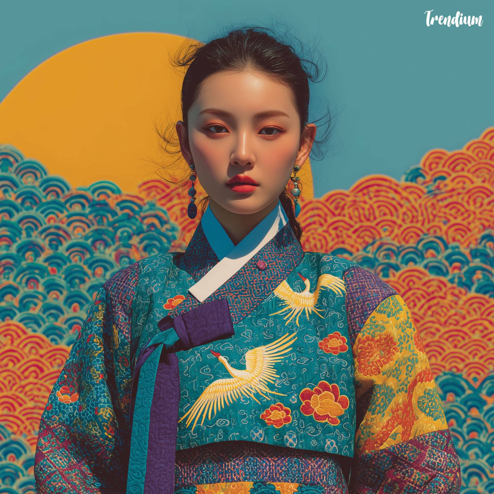 [prompt] idol outfit mixing ikat pattern with Korean folk symbols (cloud, crane, wave motif), soft embroidery texture, clean pastel studio background, photobook mood --style raw --stylize 300