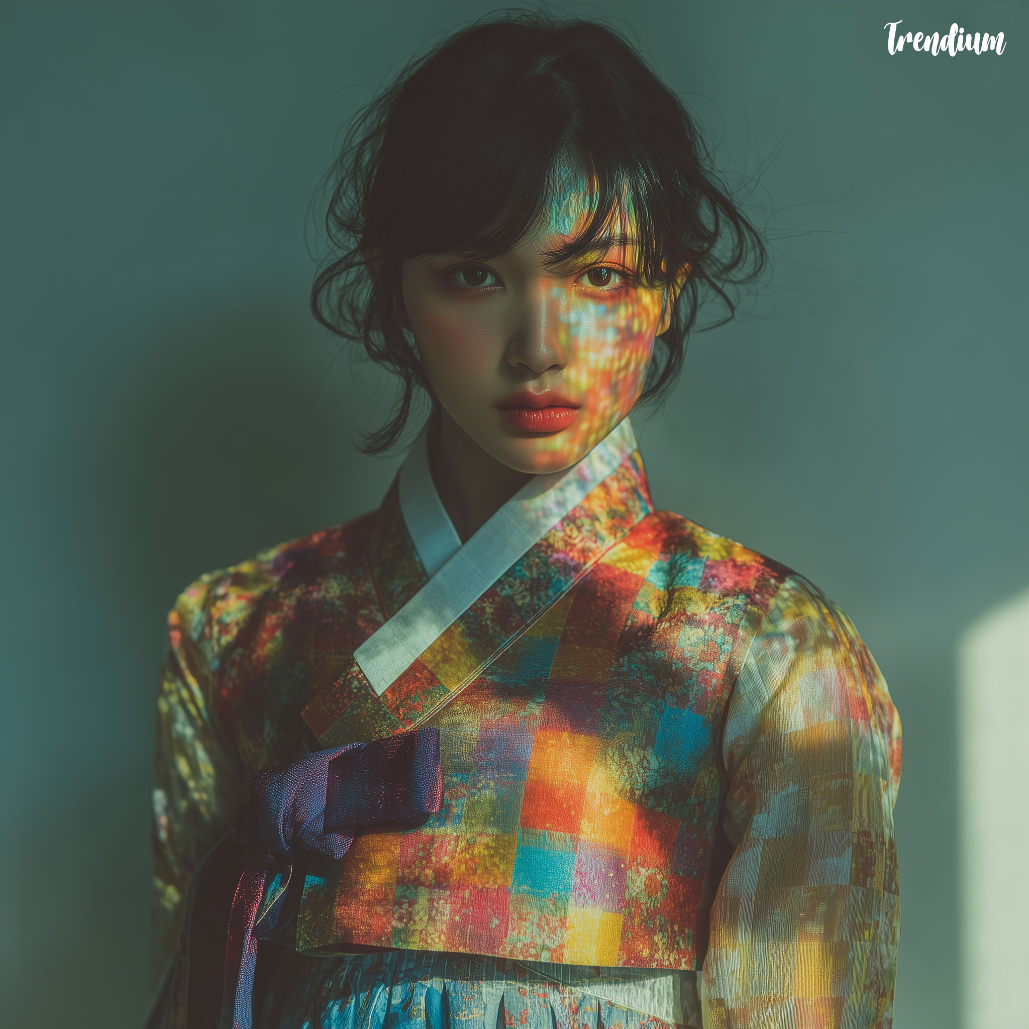 [prompt] minimalist hanbok look with pixel-blur ikat overlay --style raw --stylize 300