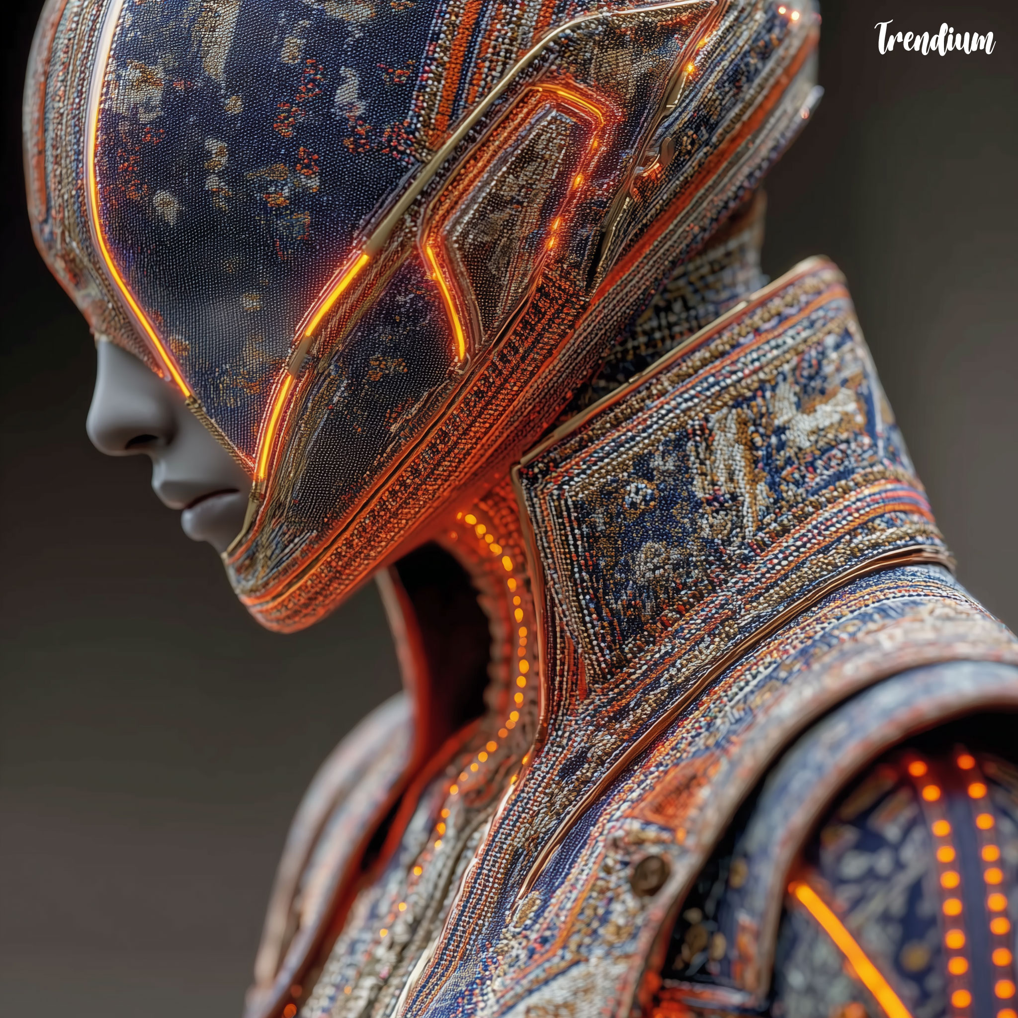 [prompt] futuristic sci-fi suit made from neon ikat patterns, glowing threads, cyber-tribal fusion, sharp detail --style raw --stylize 420