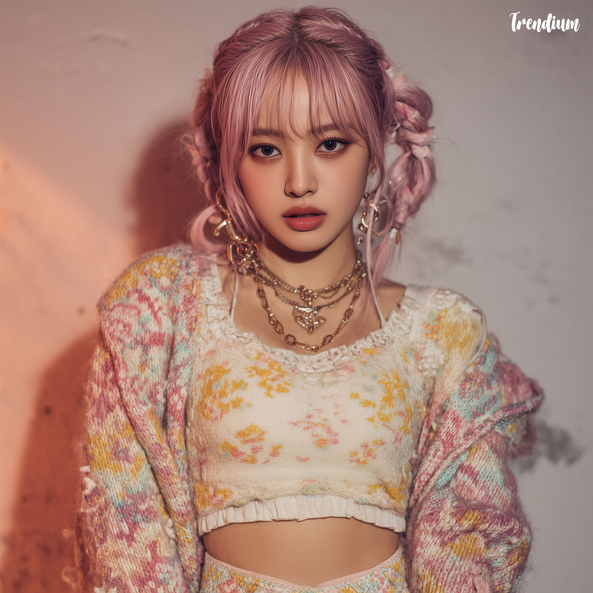 [prompt] idol concept photo featuring a soft pastel ikat-pattern outfit, airy mood, warm haze light, dreamy K-pop album concept style, clean portrait