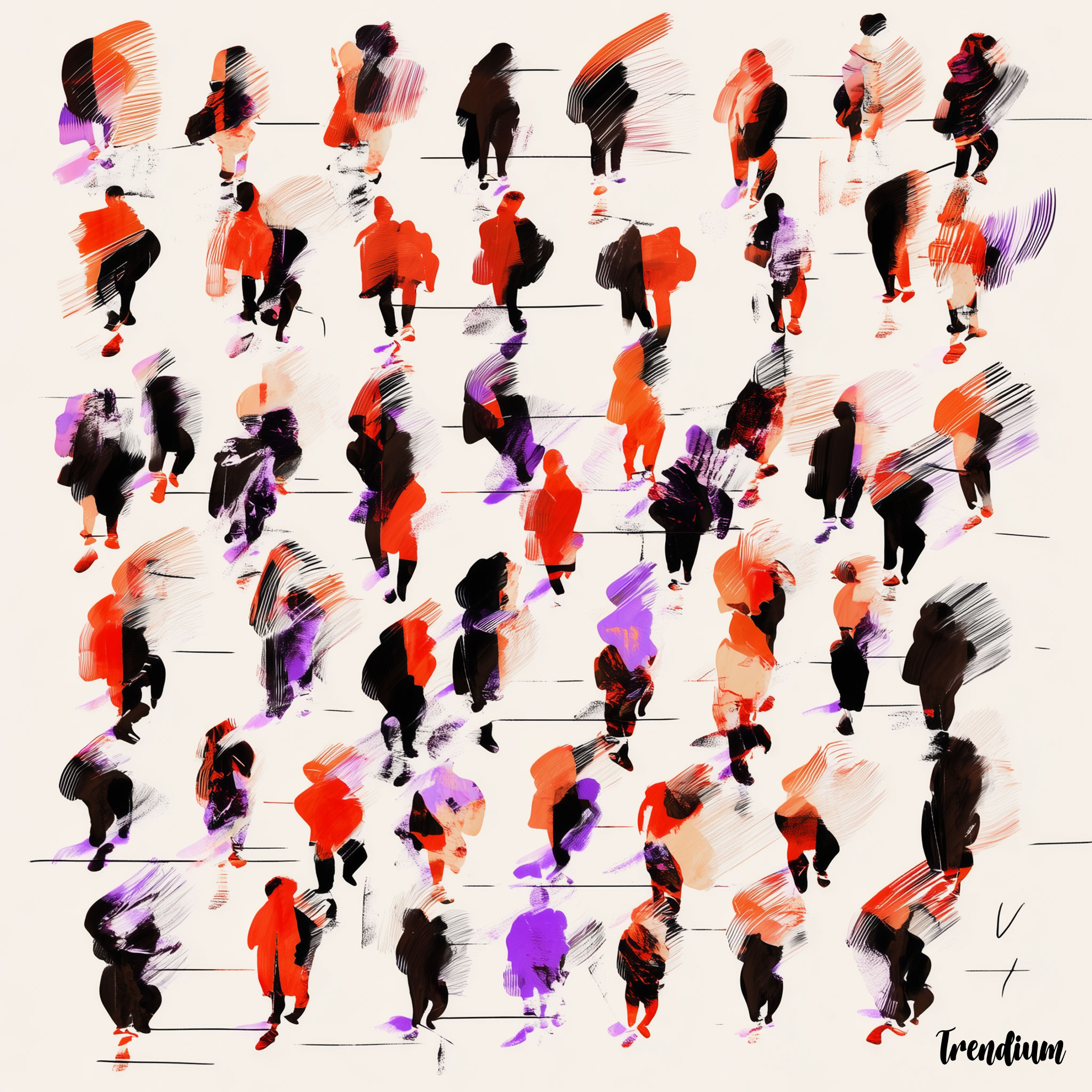 [prompt] abstract crowd silhouettes forming a dynamic poster grid, flowing brush movement, minimal spacing and controlled emptiness