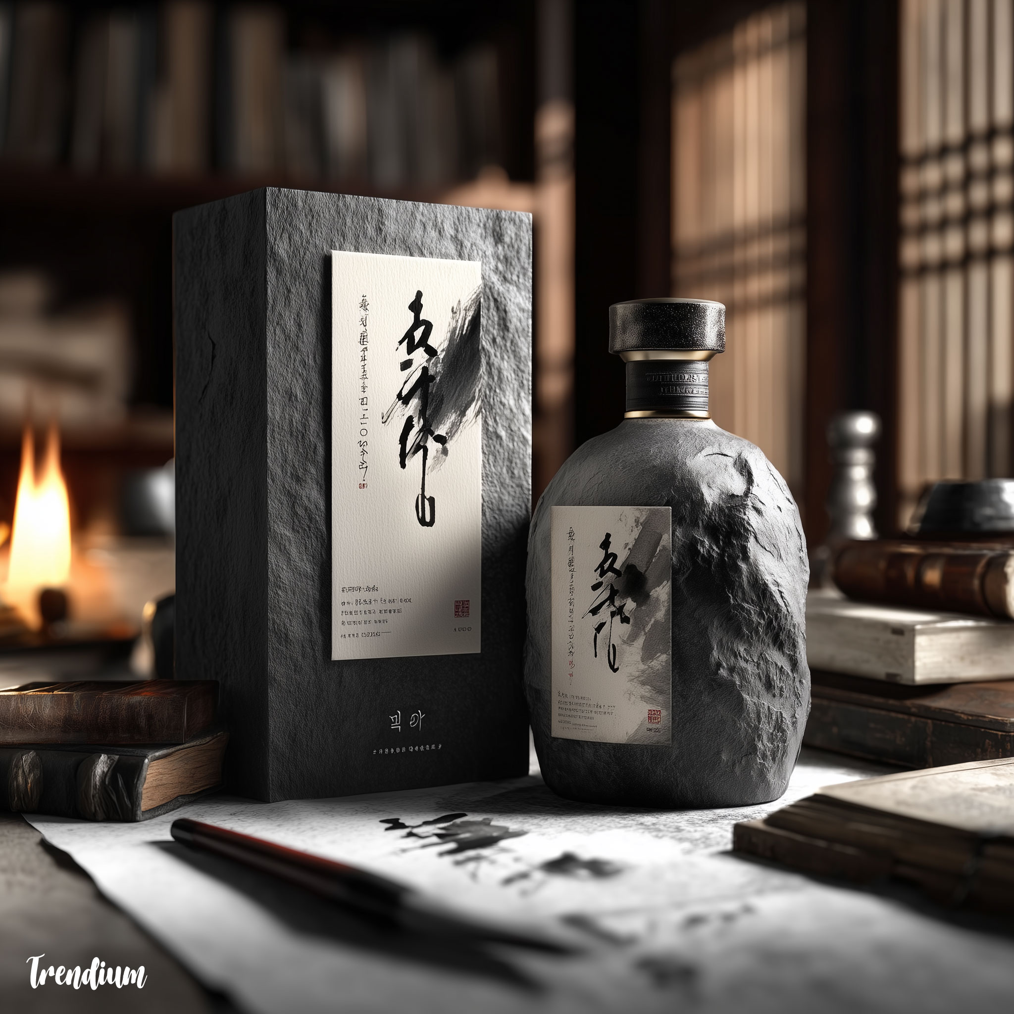 [prompt] premium product shot with gestural ink-stroke patterns, pseudo-calligraphy accents, minimal black-white contrast, hanji-texture packaging, soft directional lighting, modern Korean art aesthetic --style raw --stylize 550