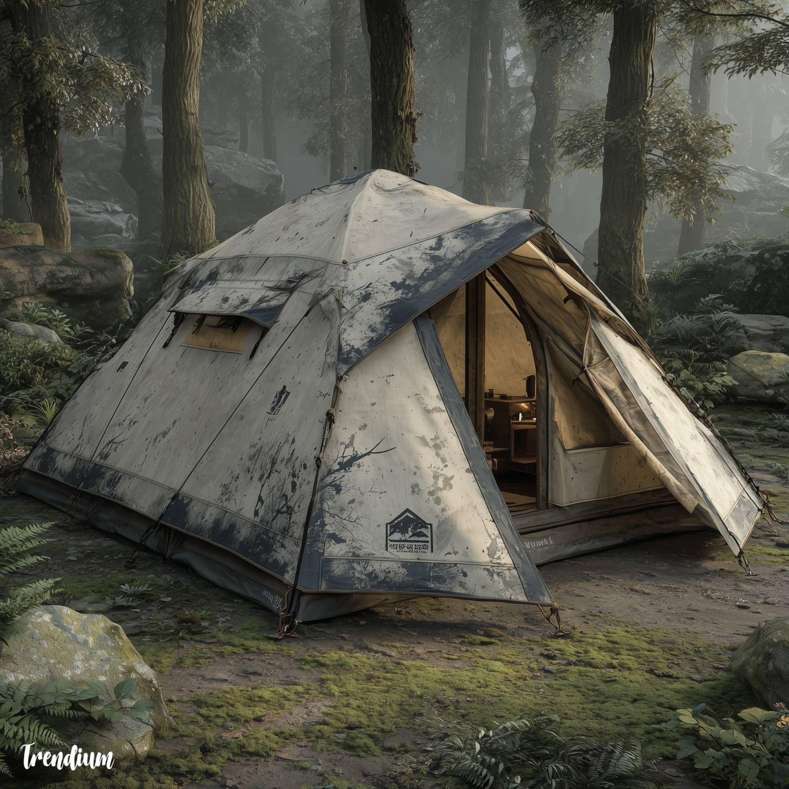 [prompt] high-end tent with sweeping gestural brush-line graphics, dynamic black-on-ivory contrast, subtle hanji-fiber inspired texture, placed in a serene forest campsite, soft natural sunlight filtering through trees, mossy ground texture, atmospheric outdoor realism, premium Korean abstract aesthetic --style raw --stylize 800