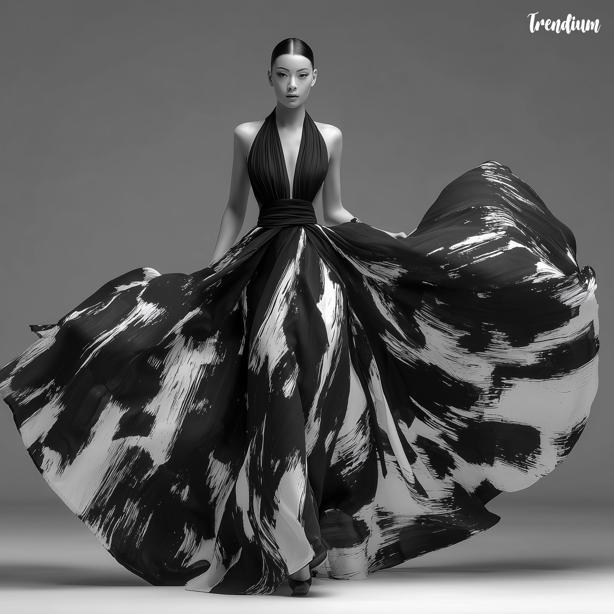 [prompt] high fashion design translating brush pressure and speed into sculptural silhouette lines, dynamic stroke-shaped panels, monochrome elegance --style raw --stylize 300