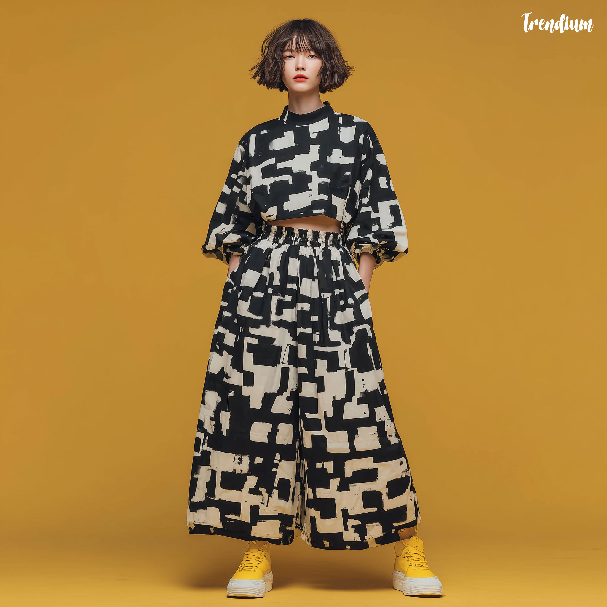 [prompt] cropped top and midi skirt set featuring flowing crowd-silhouette patterns, rhythmic repetition, clean Seoul fashion vibe --style raw --stylize 300