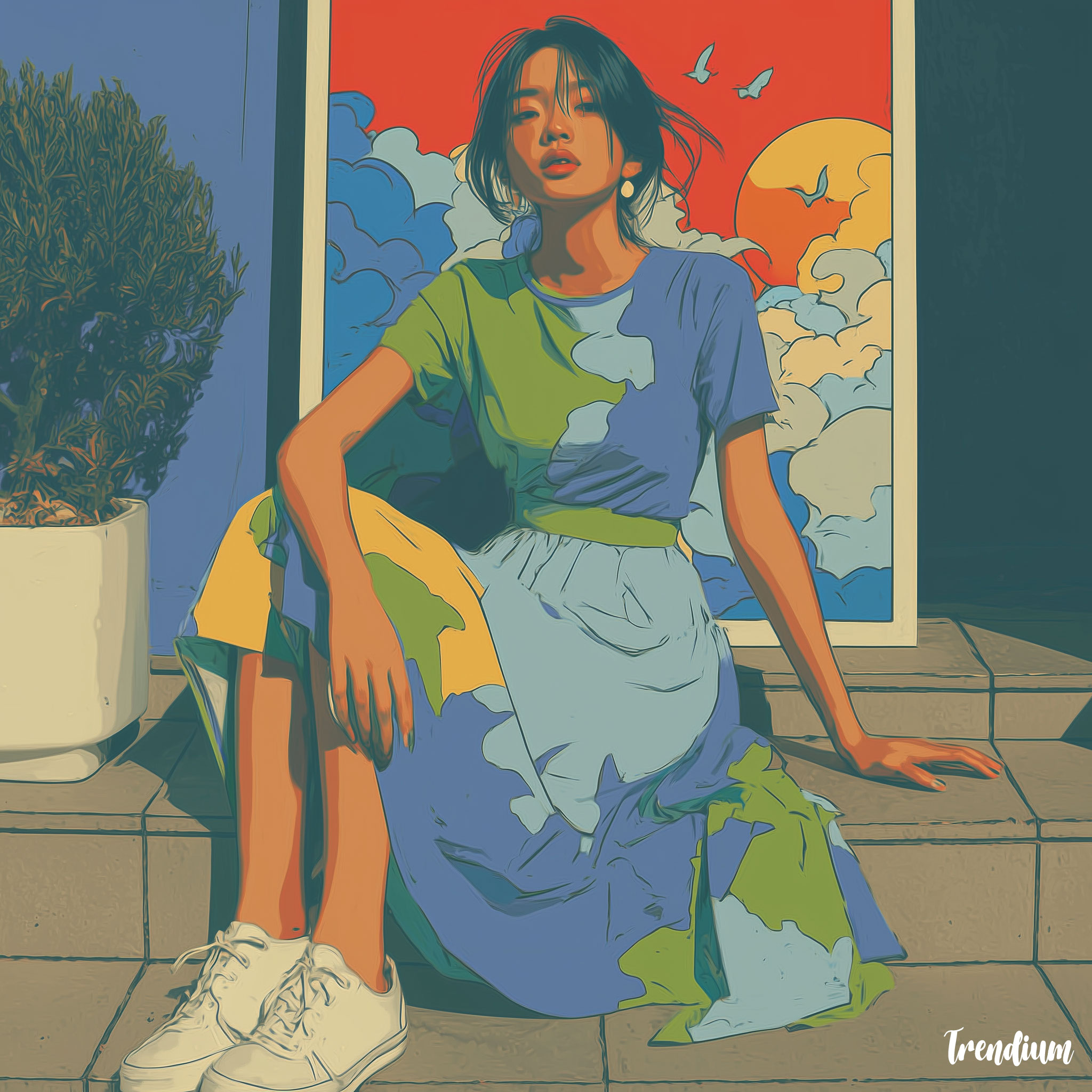 [prompt] cropped top and midi skirt set featuring flowing crowd-silhouette patterns, rhythmic repetition, clean Seoul fashion vibe --style raw --stylize 300 --sref 3355949842