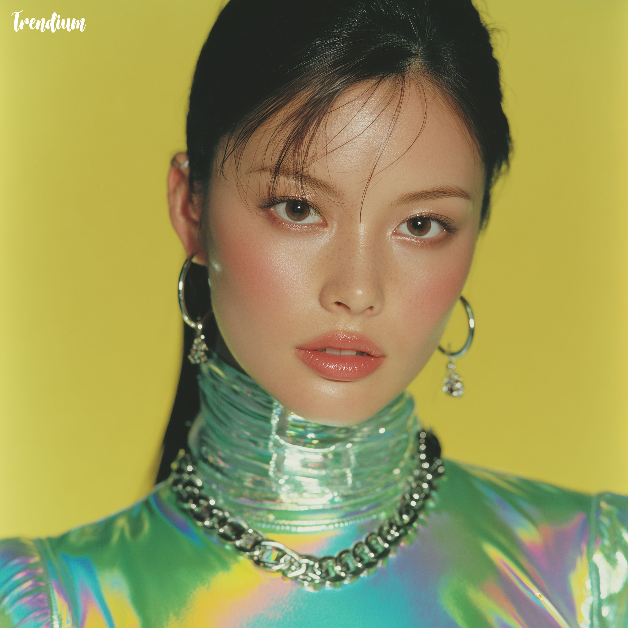 [prompt] Y2K fashion portrait, Korean youth, early 2000s style, metallic clothing, glossy makeup, neon pastel background, smooth lighting, polished image, future-oriented optimism --style raw --stylize 300