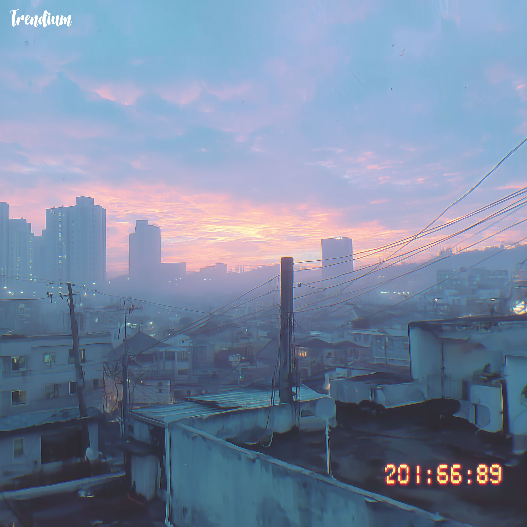 [prompt] Korean rooftop at dusk, early 2000s camcorder look, handheld shot, low resolution, soft overexposed sky, timestamp overlay, calm atmosphere, end-of-day memory feeling