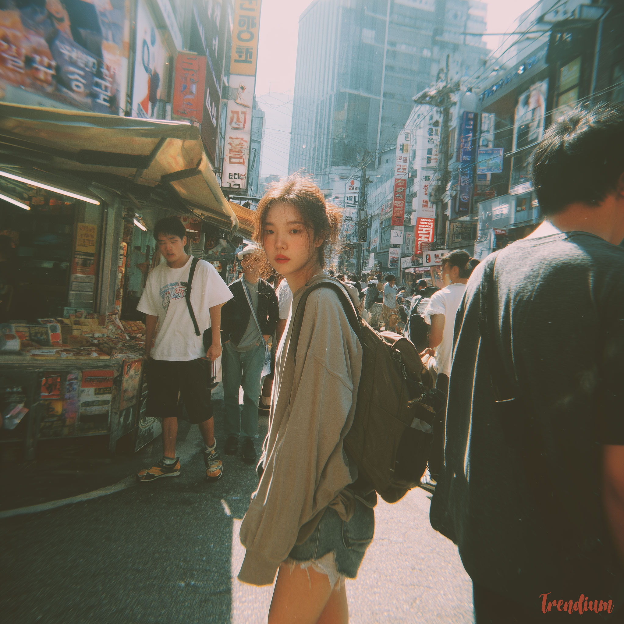 [prompt] Korean street fashion editorial, early 2000s camcorder aesthetic, handheld camera, low resolution, muted colors, analog noise, tape grain, candid street moment in Seoul, nostalgic documentary style