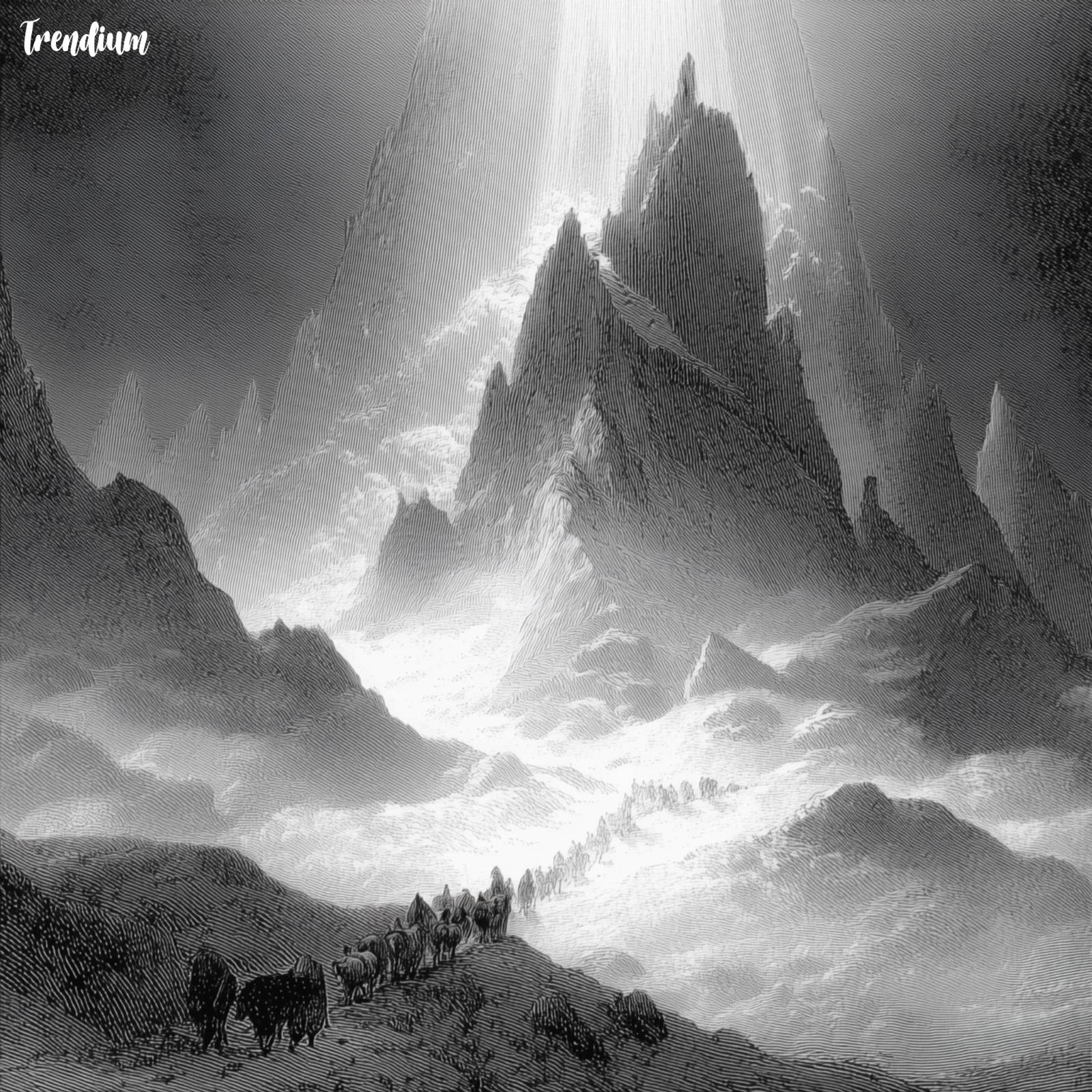 [prompt] Same scene, dramatic engraving style, black and white, fine crosshatching, towering vertical mountain, luminous fog, slow procession, epic scale, purifying light from above