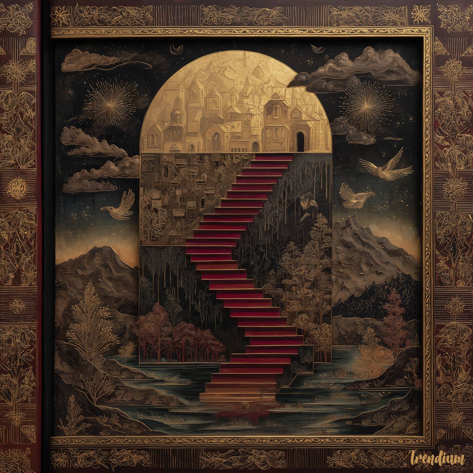 [prompt] Illuminated manuscript purgatory, gold leaf, symbolic stairs, calm atmosphere