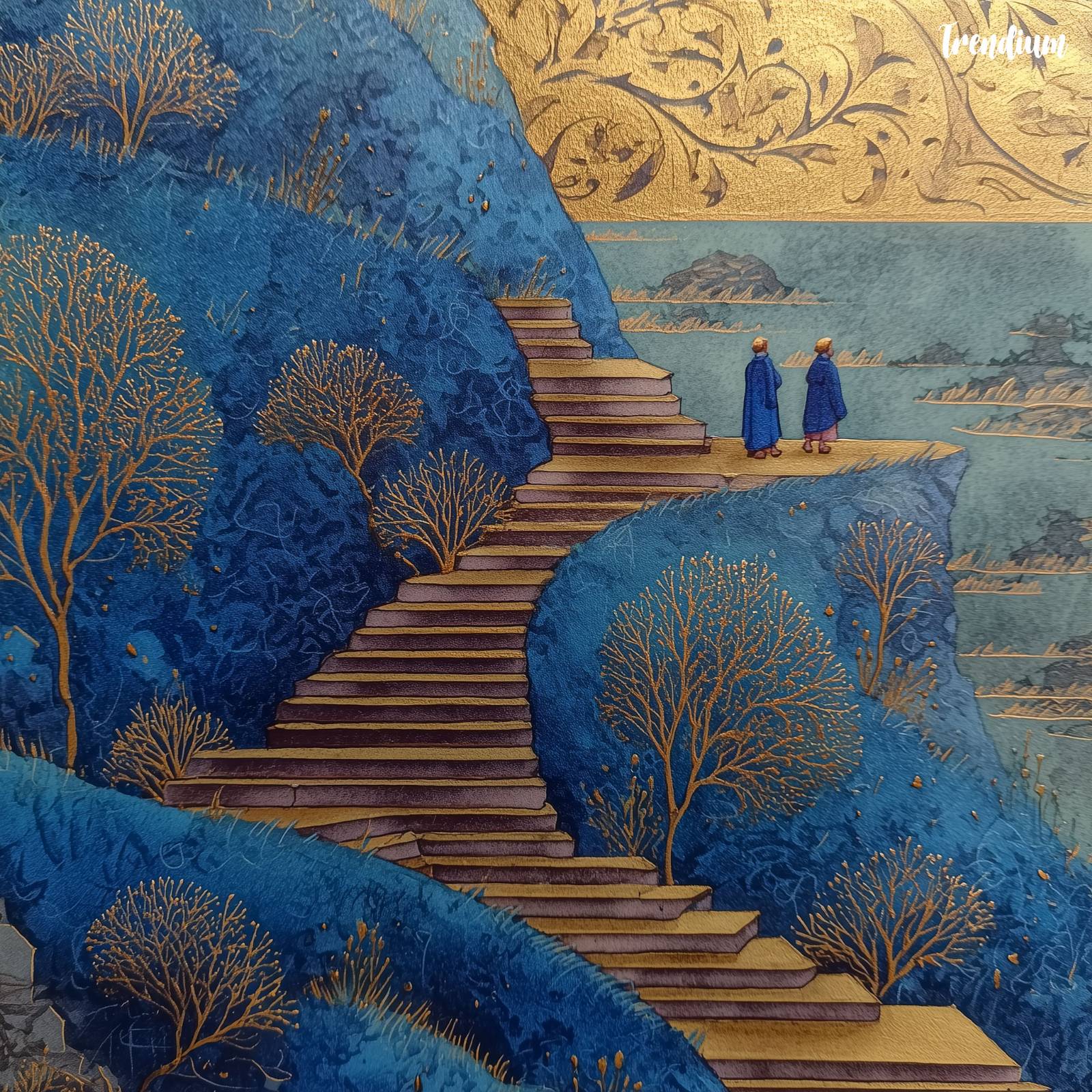 [prompt] Illuminated manuscript purgatory, gold leaf, symbolic stairs, calm atmosphere