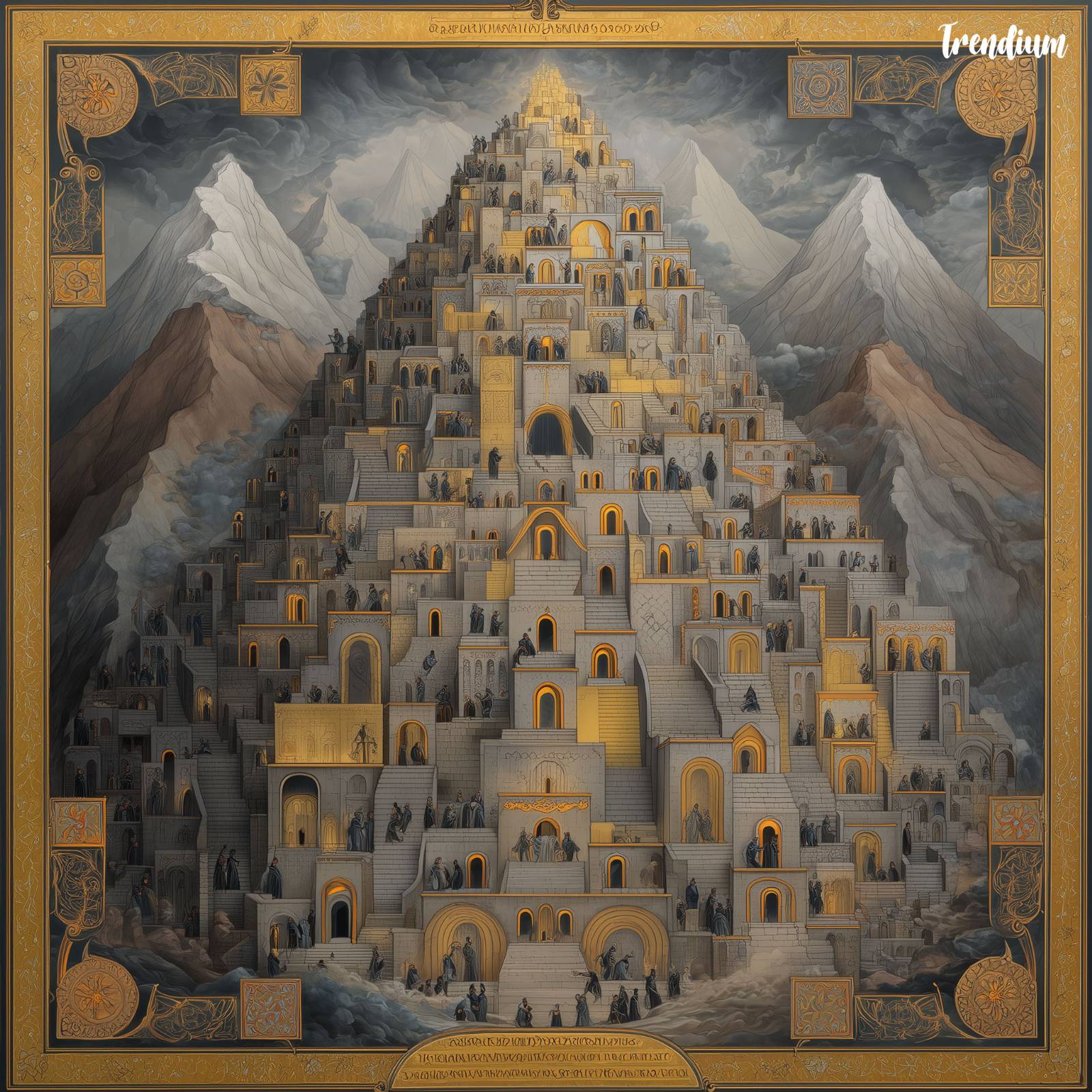 [prompt] Purgatory as an emotional UX mountain, ascending terraces, soft purifying light, mist as progress, medieval manuscript illumination, gold leaf accents, ornate border, flat symbolic perspective, calm figures, no prison imagery