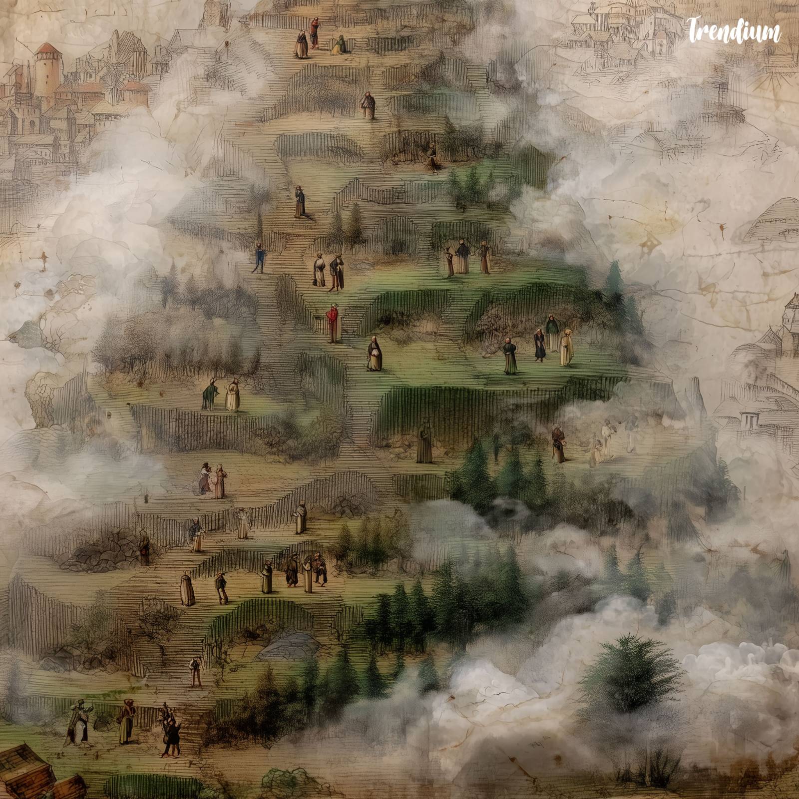 [prompt] Medieval purgatory as a mountain, ascending terraces, soft mist, slow figures, manuscript style
