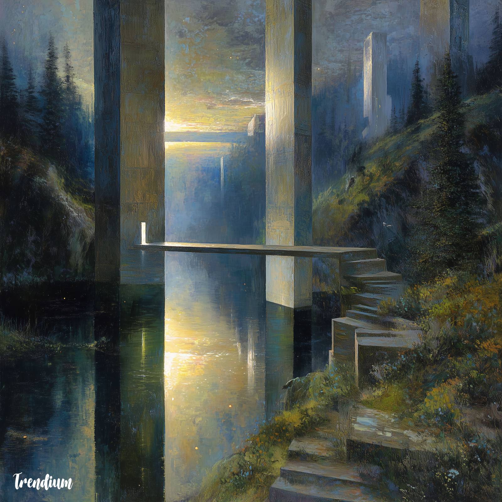 [prompt] a painterly afterlife landscape, floating architecture, soft purifying light, emotional journey space, not heaven not hell