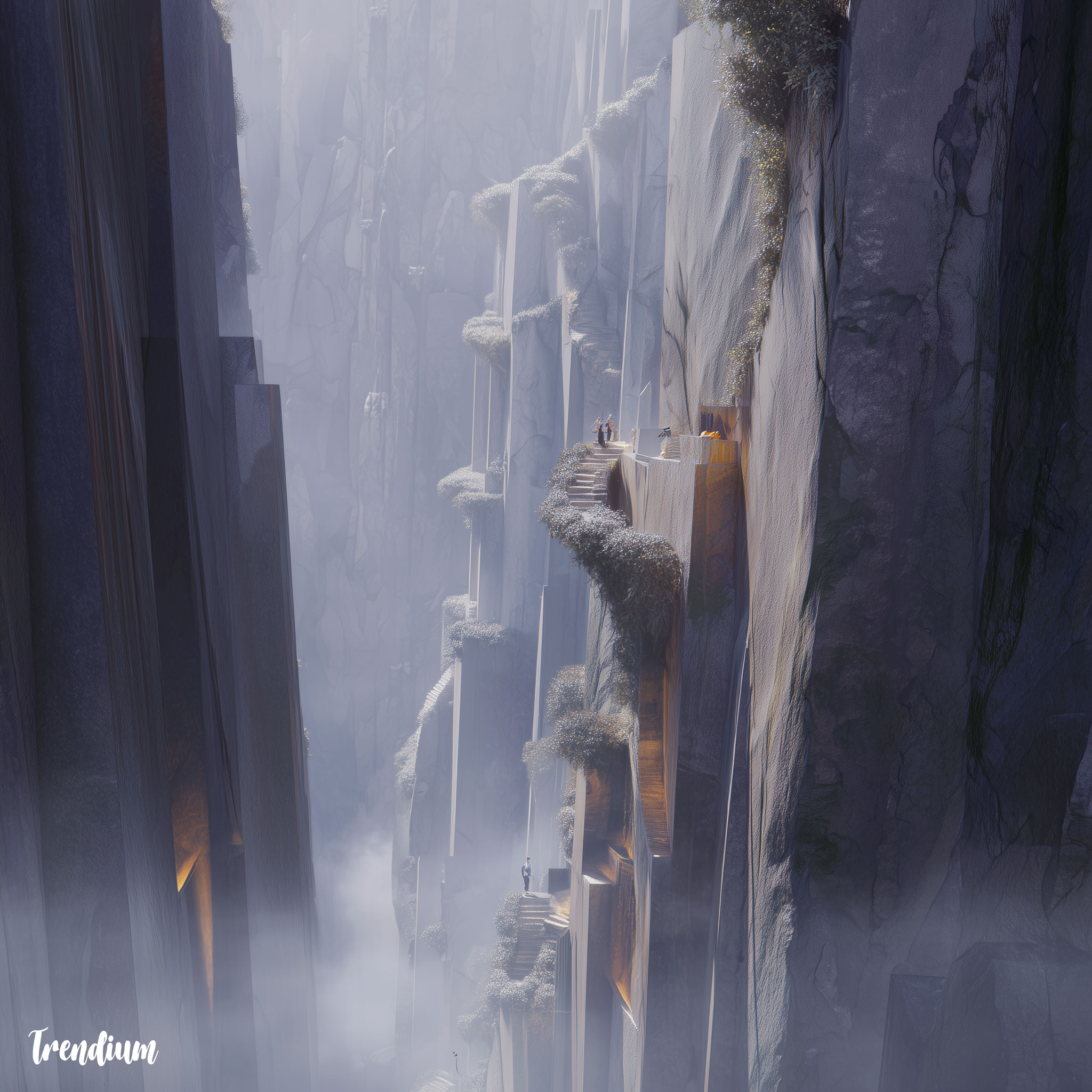 [prompt] A modern concept art of purgatory inspired by Dante, vertical mountain paths wrapped in mist, soft purifying light, slow movement, liminal emotional UX space, cinematic atmosphere, highly detailed