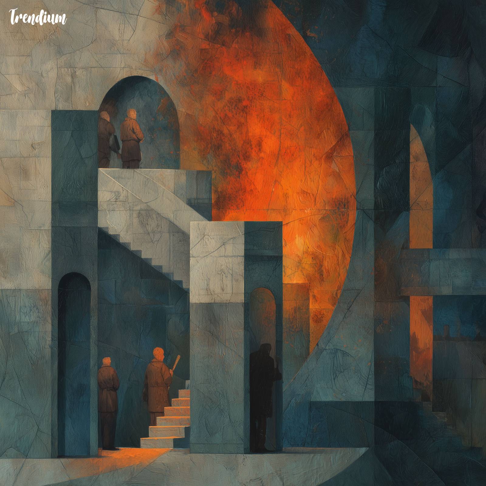 [prompt] Same scene, symbolic geometry, thresholds as metaphors, slightly abstracted forms, soft fire as purification, calm figures, dreamlike but not horror