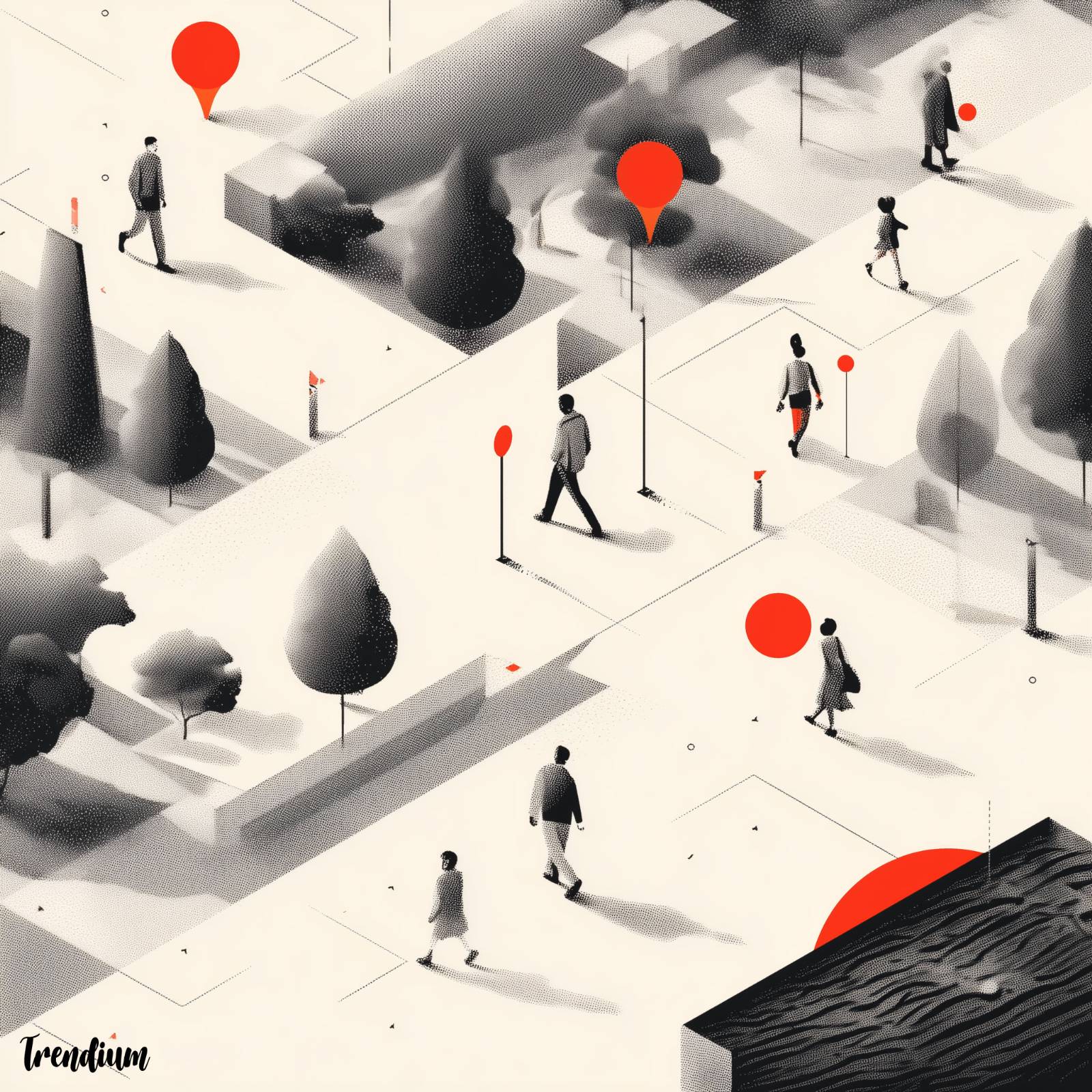 [prompt] Same scene, simplified shapes, strong composition, minimal palette, design-diagram feeling, wayfinding markers, UX map aesthetics, clean forms, calm motion